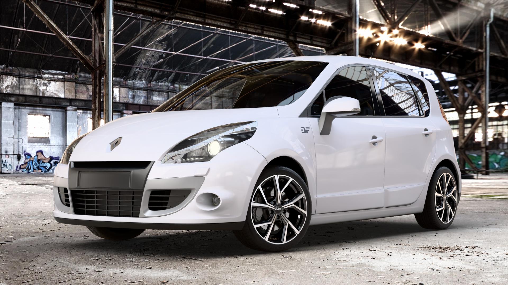 Platin Wheels P 115 black polished Felge mit Reifen silber schwarz in 18Zoll Alufelge auf weissem Renault Scénic III Typ JZ ⬇️ mit 15mm Tieferlegung ⬇️ Old Industrial Hall_max_4400mm_2024 Frontansicht_1