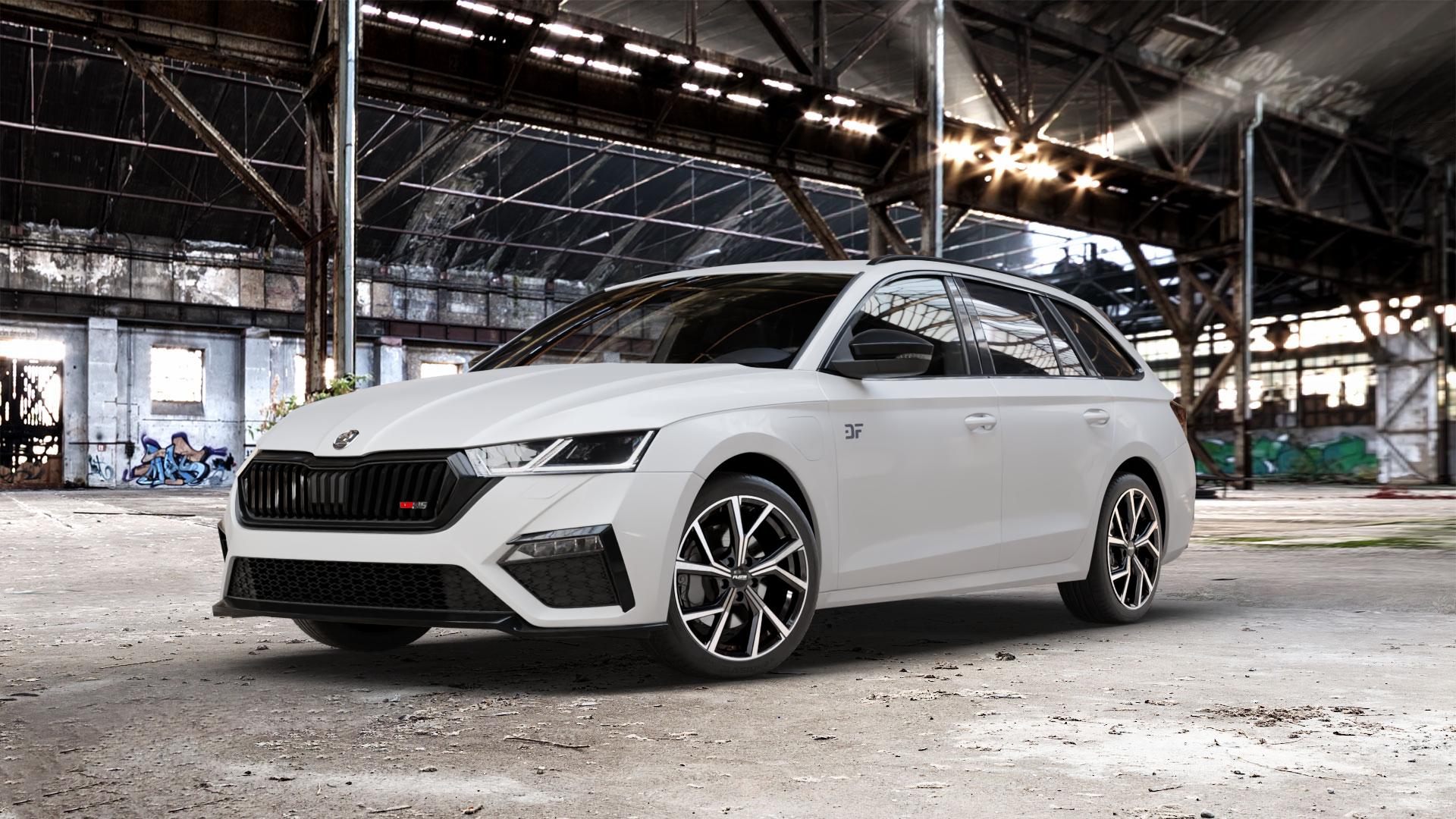 Platin Wheels P 115 black polished Felge mit Reifen silber schwarz in 18Zoll Alufelge auf weissem Skoda Octavia IV Kombi Typ NX 2,0l TDI 4x4 147kW (200 PS) 1,4l TSI 110kW Hybrid RS (150 180kW (245 ⬇️ mit 15mm Tieferlegung ⬇️ Old Industrial Hall_max_5300mm_2024 Frontansicht_1