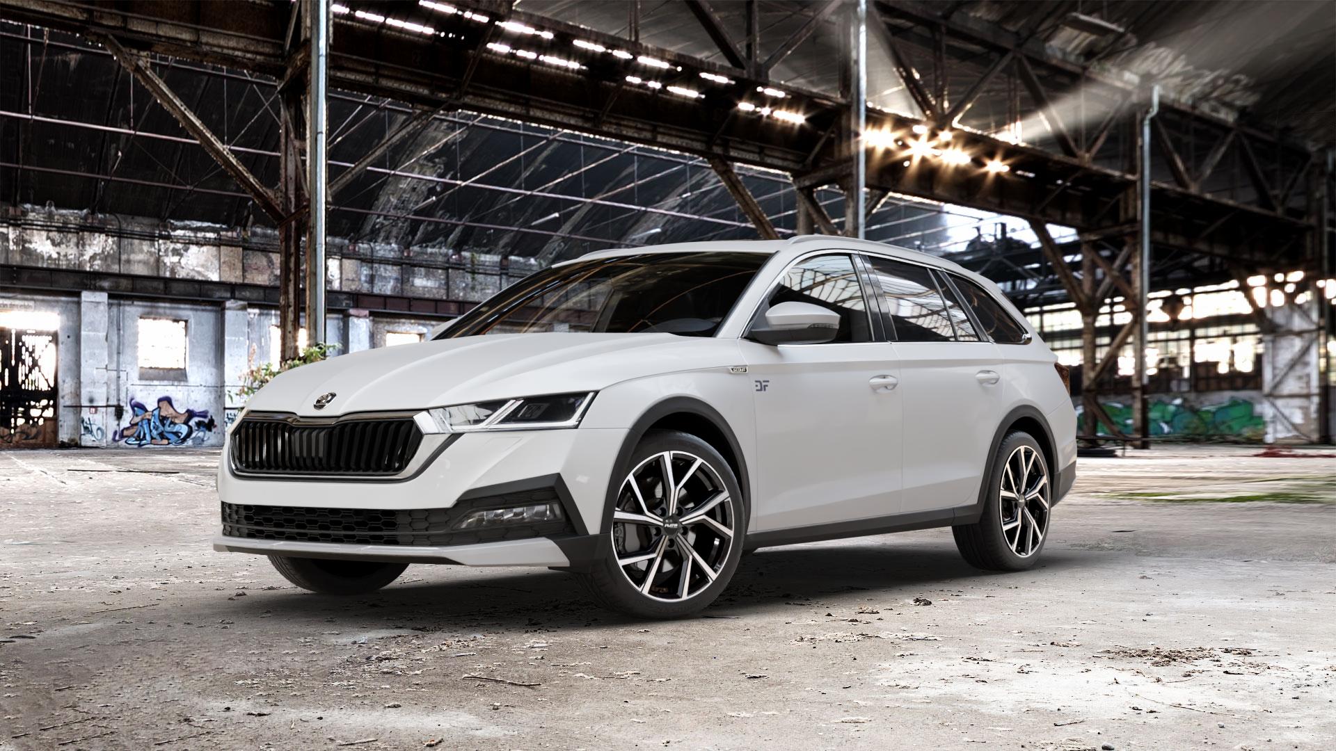 Platin Wheels P 115 black polished Felge mit Reifen silber schwarz in 18Zoll Alufelge auf weissem Skoda Octavia IV Scout Typ NX ⬇️ mit 15mm Tieferlegung ⬇️ Old Industrial Hall_max_5300mm_2024 Frontansicht_1