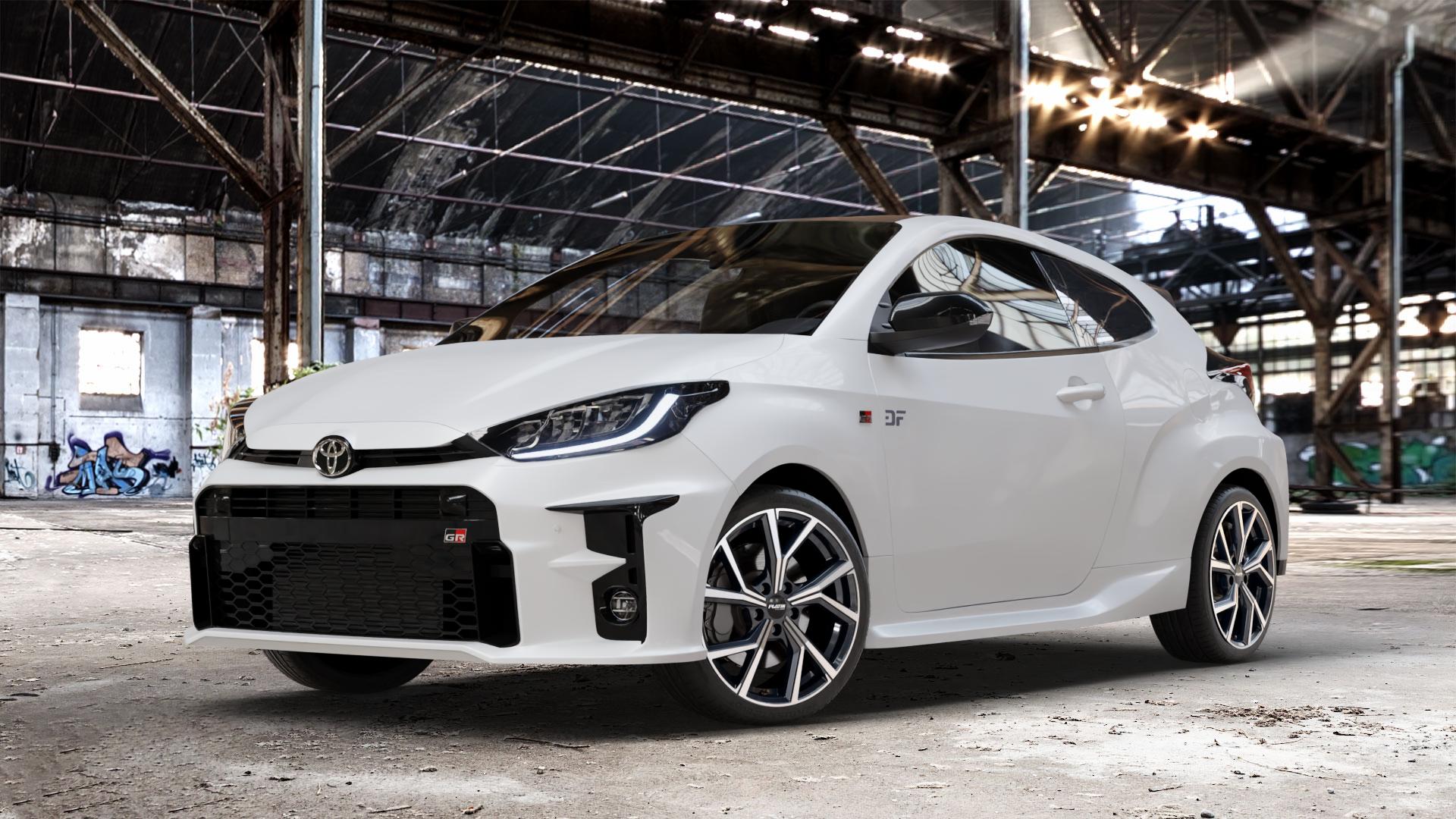 Platin Wheels P 115 black polished Felge mit Reifen silber schwarz in 18Zoll Alufelge auf weissem Toyota Yaris IV Typ XPA1F(EU,M) l kW (0 PS) GR XPA1G(EU,M) ⬇️ mit 15mm Tieferlegung ⬇️ Old Industrial Hall_max_4400mm_2024 Frontansicht_1