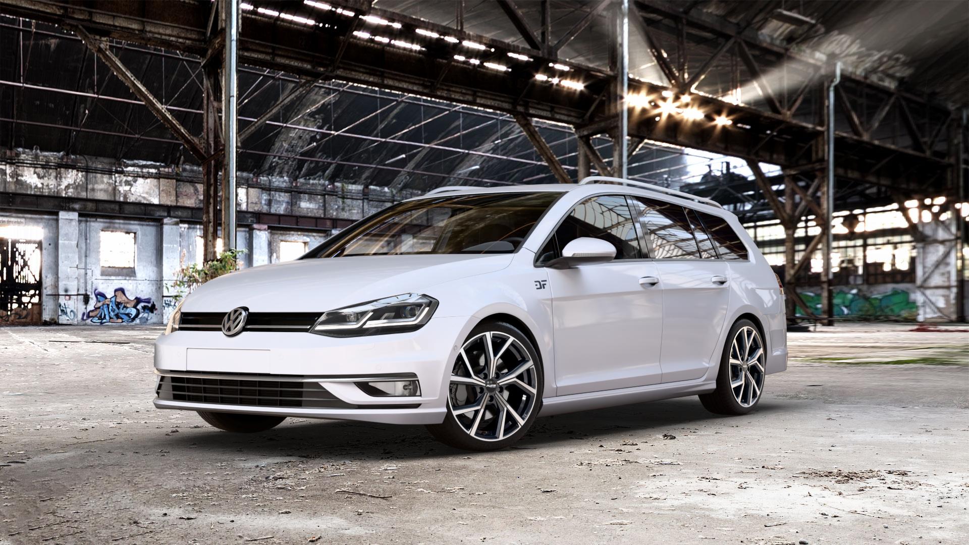 Platin Wheels P 115 black polished Felge mit Reifen silber schwarz in 18Zoll Alufelge auf weissem unilack Volkswagen (VW) Golf 7 Variant Facelift ⬇️ mit 15mm Tieferlegung ⬇️ Old Industrial Hall_max_5300mm_2024 Frontansicht_1