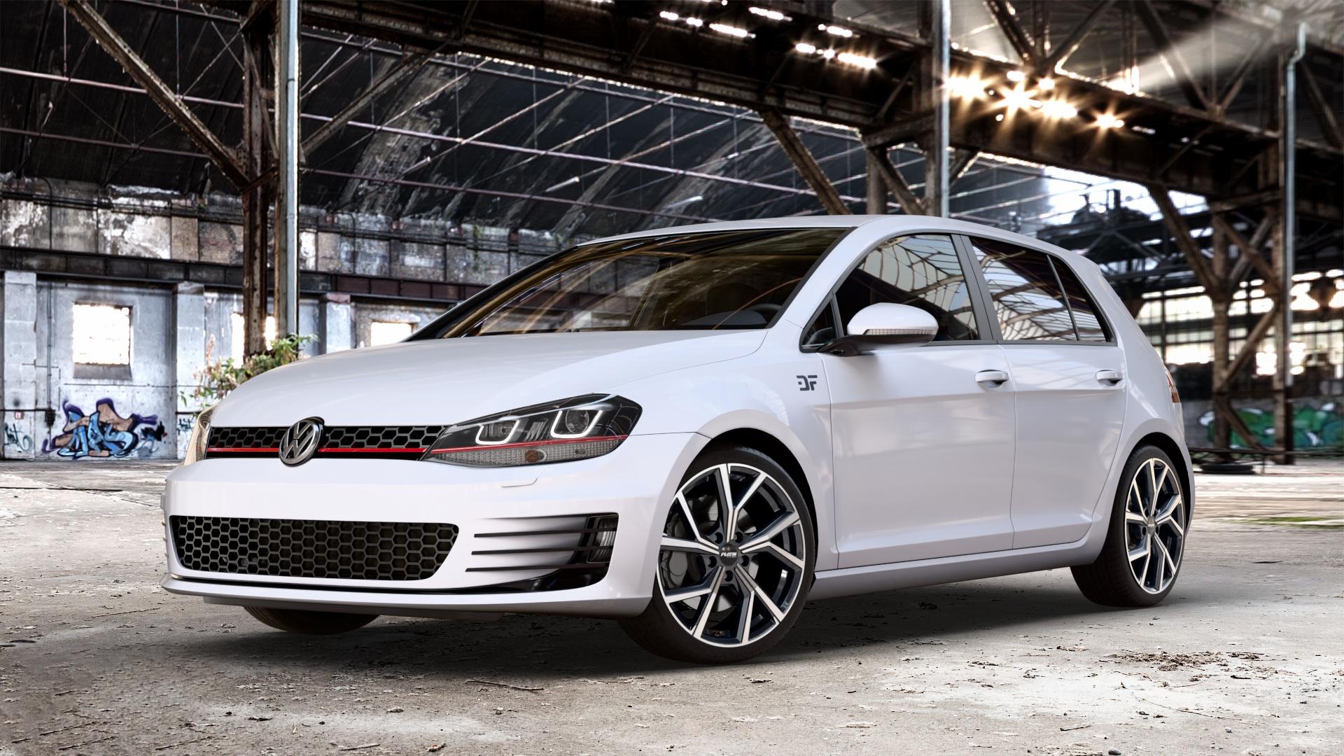 Platin Wheels P 115 black polished Felge mit Reifen silber schwarz in 18Zoll Alufelge auf weissem Volkswagen (VW) Golf 7 2,0l GTI 162kW (220 PS) Performance 169kW (230 ⬇️ mit 15mm Tieferlegung ⬇️ Old Industrial Hall_max_4400mm_2024 Frontansicht_1