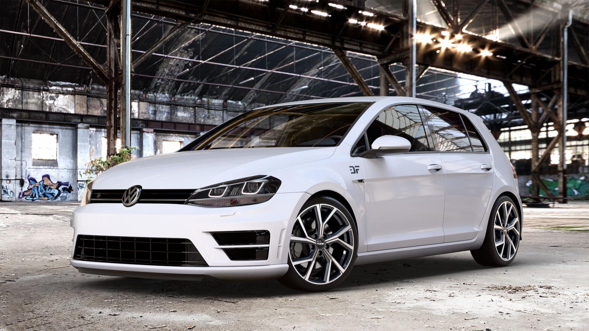 Platin Wheels P 115 black polished Felge mit Reifen silber schwarz in 18Zoll Alufelge auf weissem Volkswagen (VW) Golf 7 2,0l R 4motion 221kW (300 PS) ⬇️ mit 15mm Tieferlegung ⬇️ Old Industrial Hall_max_4400mm_2024 Frontansicht_1