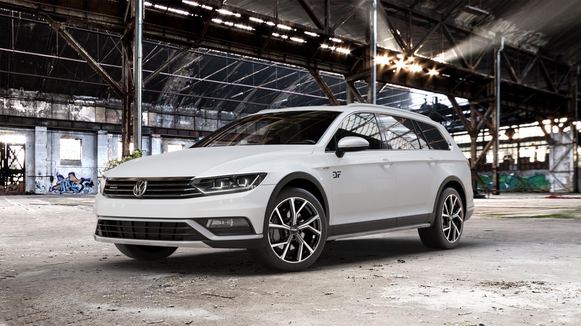 Platin Wheels P 115 black polished Felge mit Reifen silber schwarz in 18Zoll Alufelge auf weissem Volkswagen (VW) Passat 3C/B8 Alltrack ⬇️ mit 15mm Tieferlegung ⬇️ Old Industrial Hall_max_5300mm_2024 Frontansicht_1
