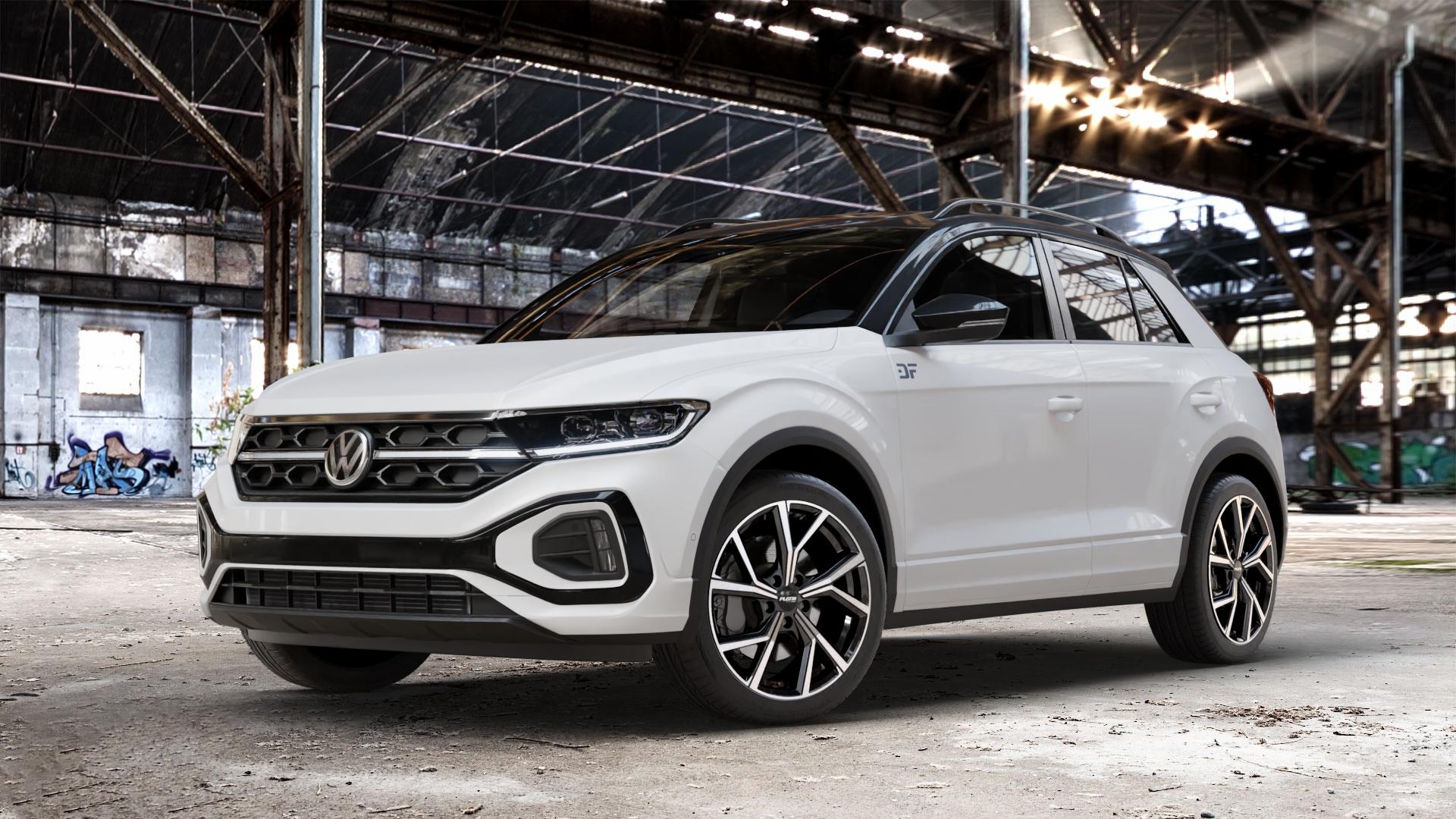 Platin Wheels P 115 black polished Felge mit Reifen silber schwarz in 18Zoll Alufelge auf weissem Volkswagen (VW) T-Roc Facelift ⬇️ mit 15mm Tieferlegung ⬇️ Old Industrial Hall_max_4400mm_2024 Frontansicht_1