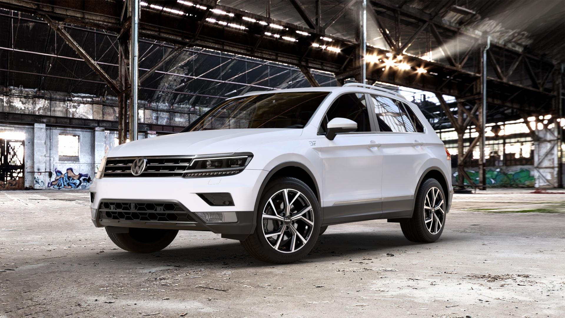 Platin Wheels P 115 black polished Felge mit Reifen silber schwarz in 18Zoll Alufelge auf weissem Volkswagen (VW) Tiguan II Typ 5N 2,0l TSI 4Motion 132kW (179 PS) TDI 110kW (150 1,4l 92kW (125 85kW (116 1,5l 96kW (131 1,6l ⬇️ mit 15mm Tieferlegung ⬇️ Old Industrial Hall_max_5300mm_2024 Frontansicht_1