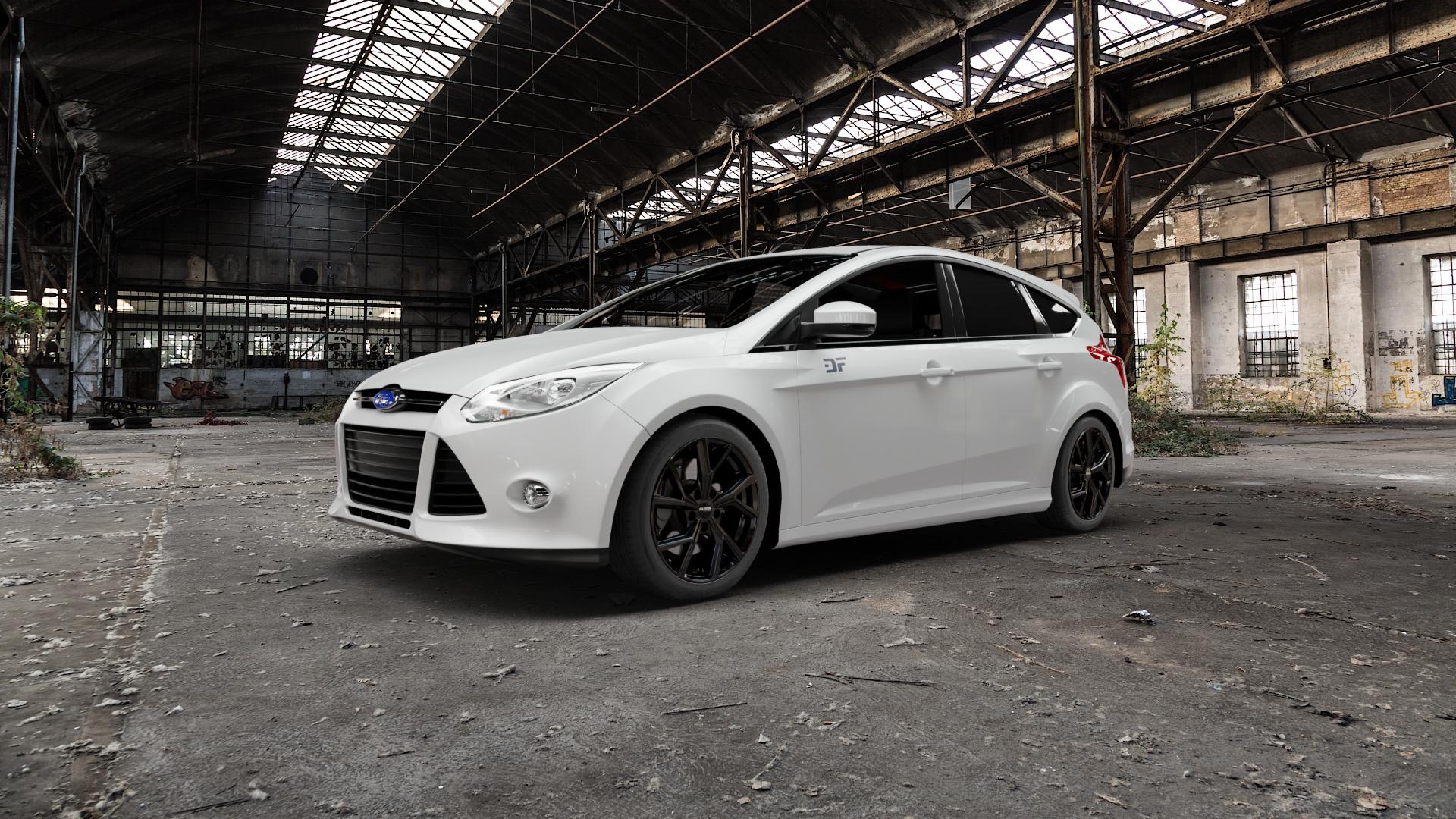 Platin Wheels P 115 black shiny Felge mit Reifen schwarz in 17Zoll Winterfelge Alufelge auf weissem Ford Focus III Typ DYB (Schrägheck) (Stufenheck) Facelift ⬇️ mit 15mm Tieferlegung ⬇️ Old Industrial Hall_max5000mm_2022 Frontansicht_1
