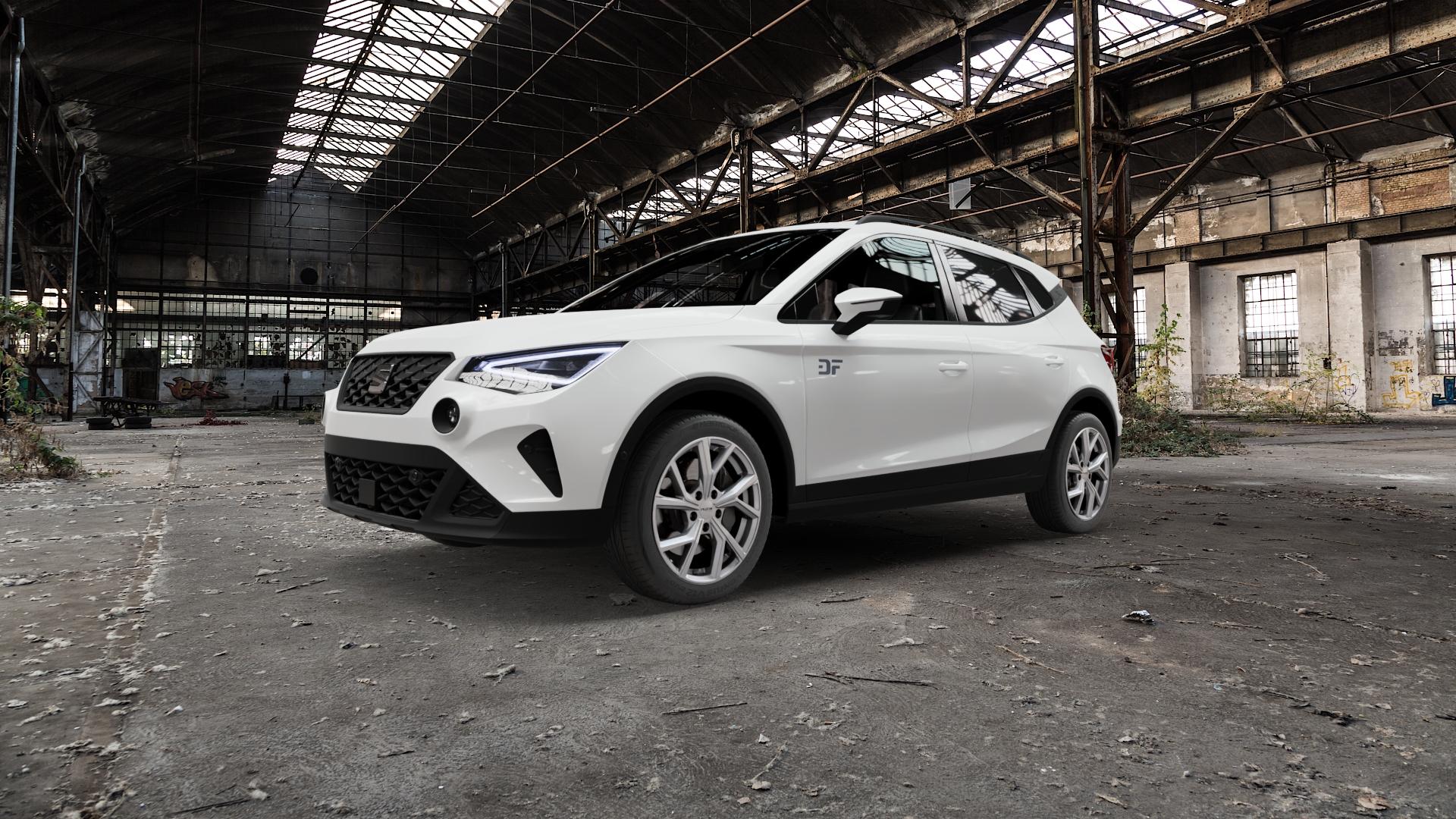 Platin Wheels P 115 bright silver Felge mit Reifen silber in 17Zoll Winterfelge Alufelge auf weissem Seat Arona Typ KJ Facelift ⬇️ mit 15mm Tieferlegung ⬇️ Old Industrial Hall_max5000mm_2022 Frontansicht_1