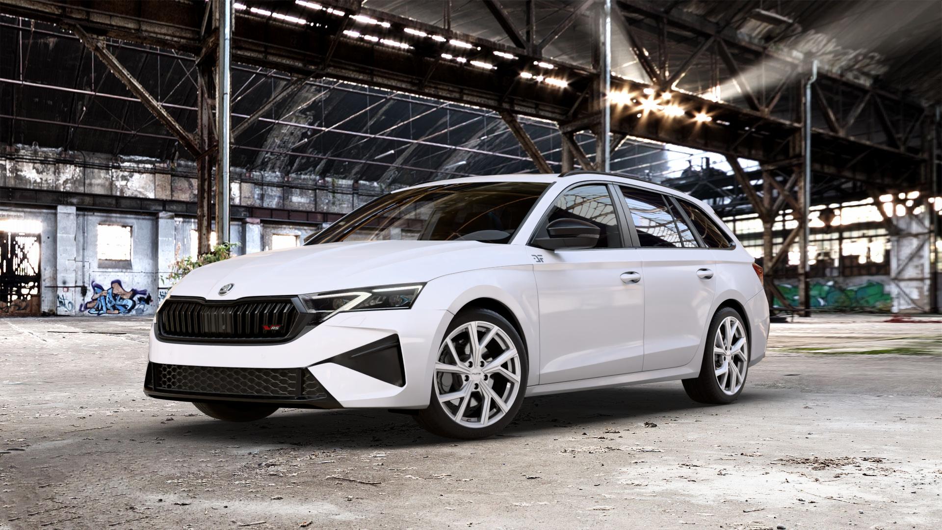 Platin Wheels P 115 bright silver Felge mit Reifen silber in 18Zoll Winterfelge Alufelge auf weissem Skoda Octavia IV Kombi Typ NX Facelift 2,0l TSI 195kW RS (265 PS) ⬇️ mit 15mm Tieferlegung ⬇️ Old Industrial Hall_max_5300mm_2024 Frontansicht_1