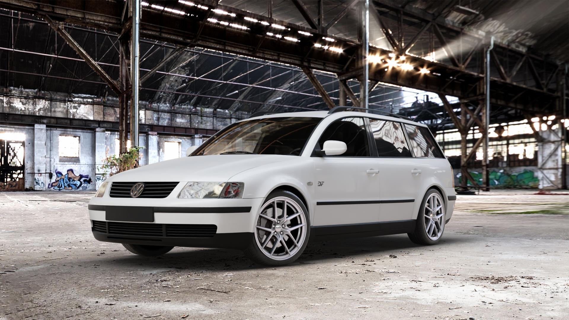 Platin Wheels P 122 silber Felge mit Reifen in 18Zoll Winterfelge Alufelge auf weissem Volkswagen (VW) Passat 3B Limousine Variant 3BG ⬇️ mit 15mm Tieferlegung ⬇️ Old Industrial Hall_max_5300mm_2024 Frontansicht_1