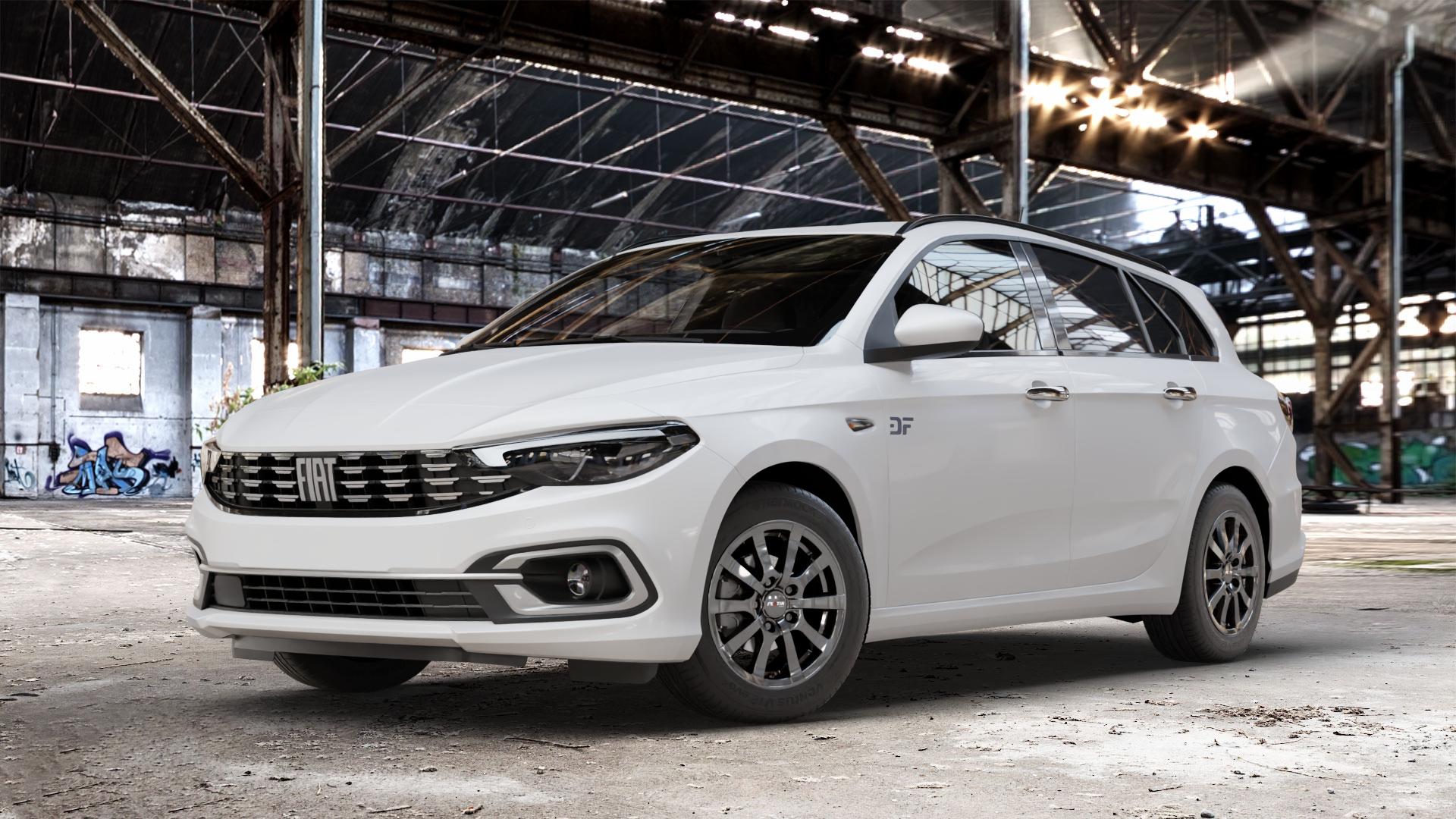 Platin Wheels P 58 grey Felge mit Reifen grau in 15Zoll Winterfelge Alufelge auf weissem Fiat Tipo II Kombi Typ 356 Facelift ⬇️ mit 15mm Tieferlegung ⬇️ Old Industrial Hall_max_4400mm_2024 Frontansicht_1