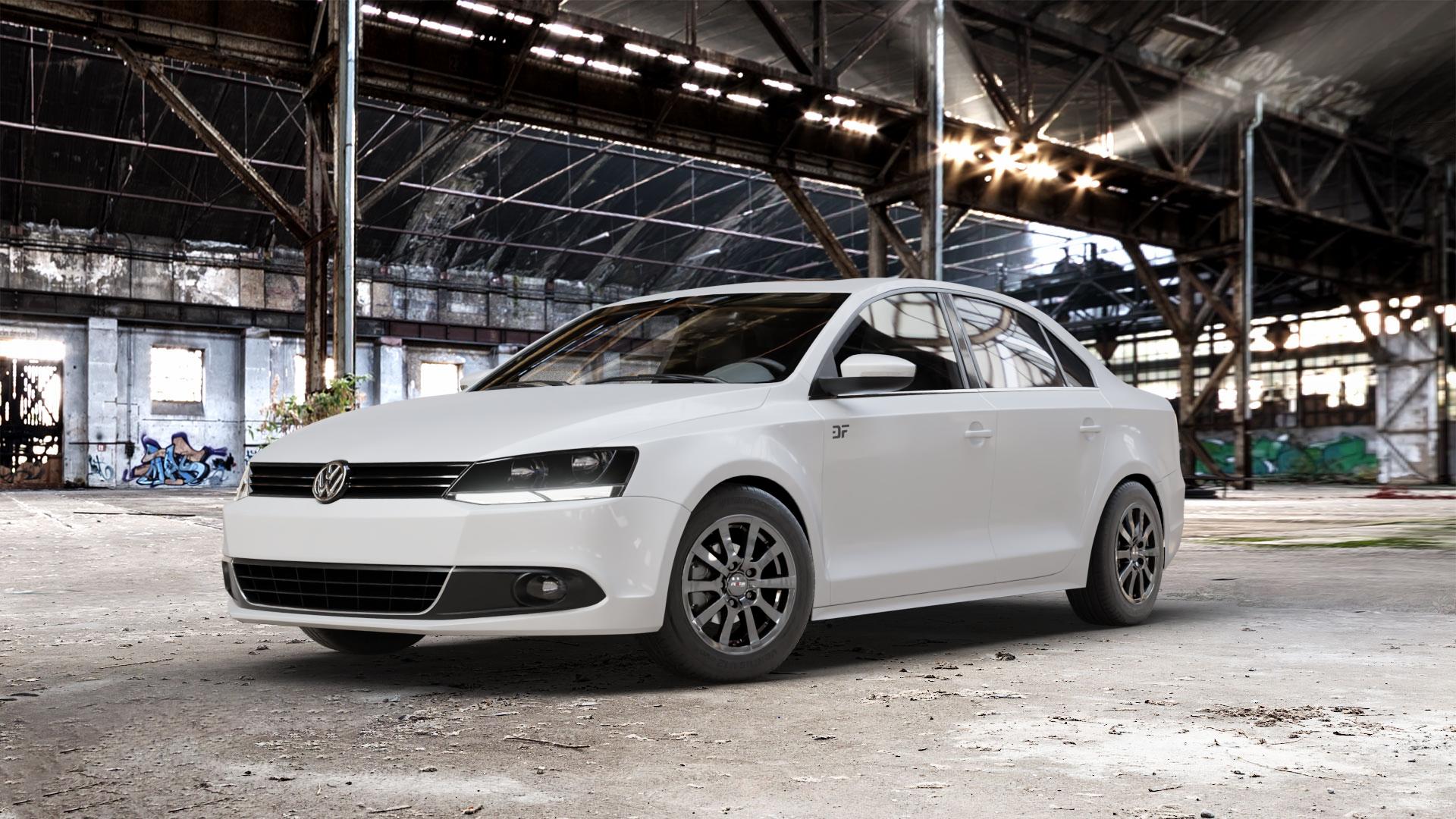 Platin Wheels P 58 grey Felge mit Reifen grau in 15Zoll Winterfelge Alufelge auf weissem Volkswagen (VW) Jetta 6 Typ 16 Facelift ⬇️ mit 15mm Tieferlegung ⬇️ Old Industrial Hall_max_5300mm_2024 Frontansicht_1
