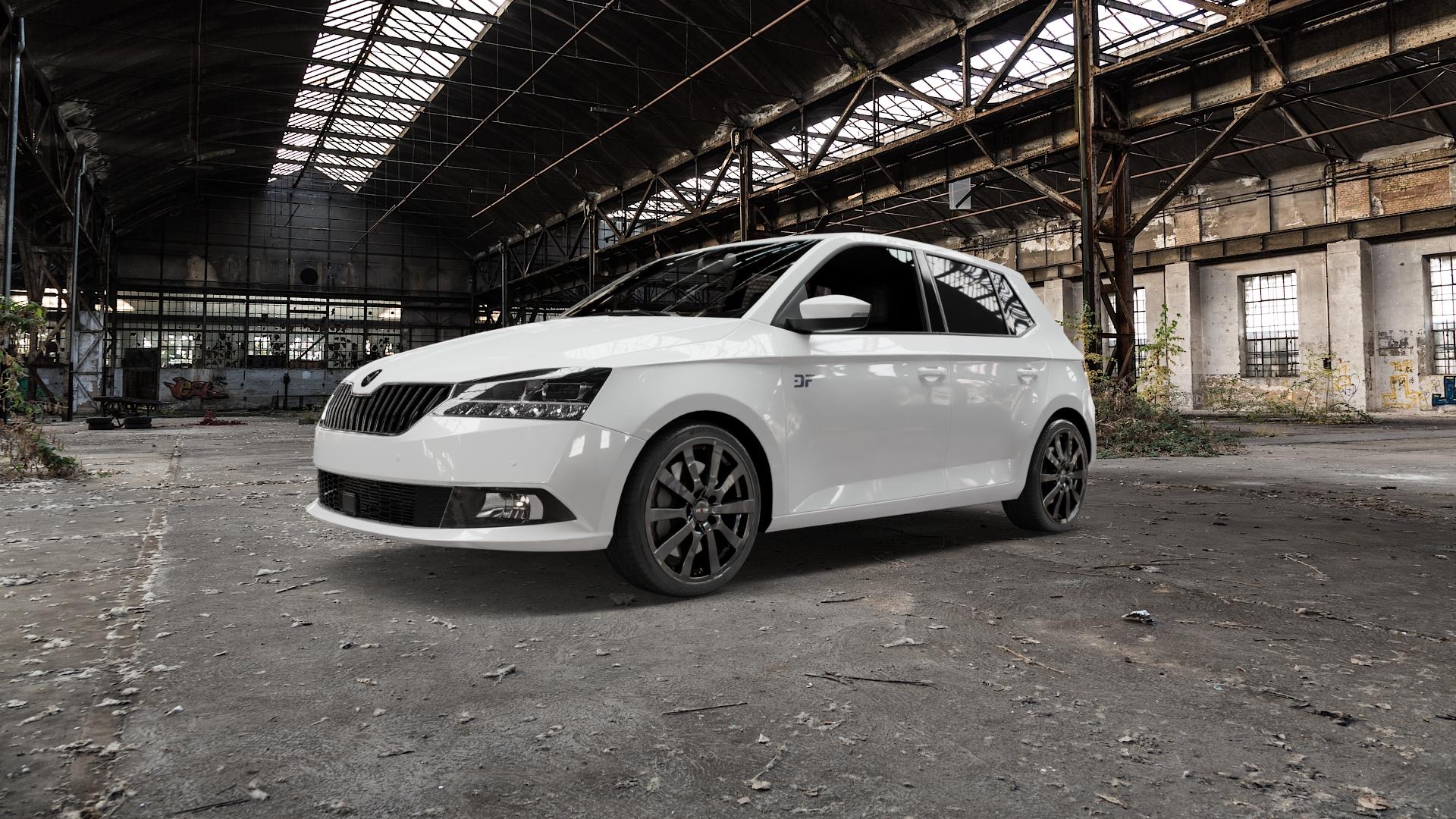 Platin Wheels P 58 grey Felge mit Reifen grau in 17Zoll Winterfelge Alufelge auf weissem Skoda Fabia III Typ 5J Facelift ⬇️ mit 15mm Tieferlegung ⬇️ Old Industrial Hall_max5000mm_2022 Frontansicht_1