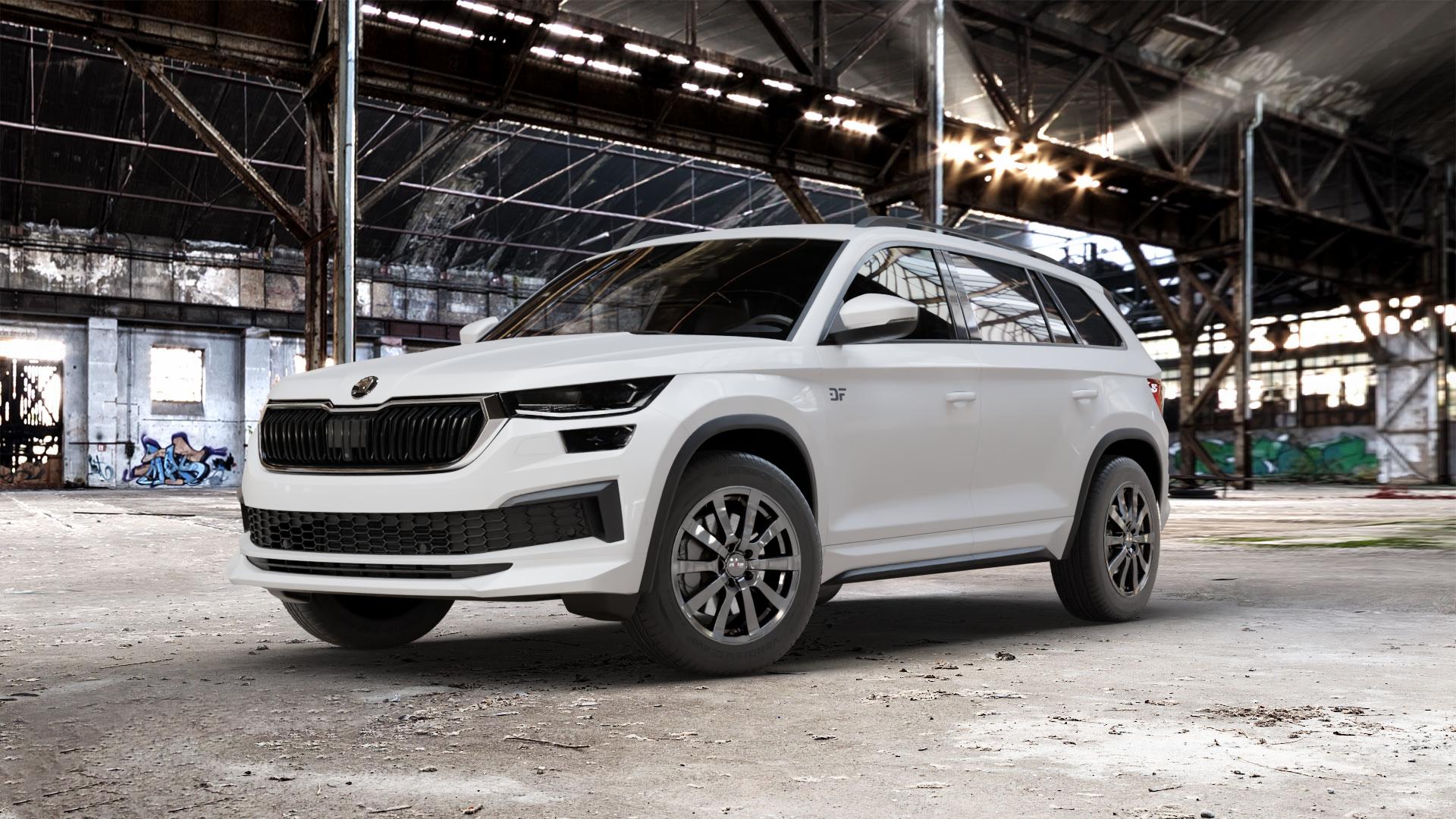 Platin Wheels P 58 grey Felge mit Reifen grau in 17Zoll Winterfelge Alufelge auf weissem Skoda Kodiaq Typ NS Facelift ⬇️ mit 15mm Tieferlegung ⬇️ Old Industrial Hall_max_5300mm_2024 Frontansicht_1