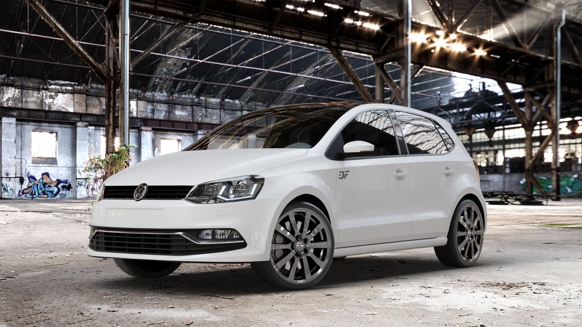 Platin Wheels P 58 grey Felge mit Reifen grau in 17Zoll Winterfelge Alufelge auf weissem Volkswagen (VW) Polo V Typ 6C ⬇️ mit 15mm Tieferlegung ⬇️ Old Industrial Hall_max_4400mm_2024 Frontansicht_1