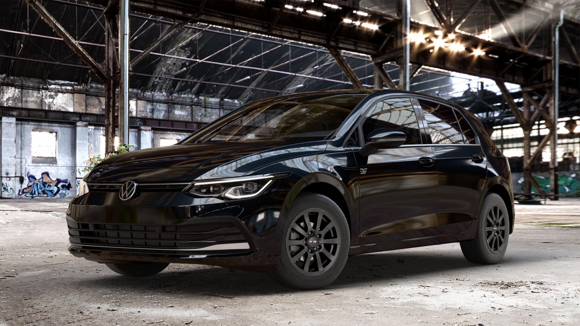 Platin Wheels P 58 matt black Felge mit Reifen schwarz schwarz matt in 15Zoll Winterfelge Alufelge auf metallic schwarzem Volkswagen (VW) Golf 8 1,5l TSI 96kW (131 PS) 110kW (150 2,0l TDI 85kW (116 Mild-Hybrid 1,0l 81kW (110 66kW (90 1,4l Hybrid TGI 4Motion 140kW (190 ⬇️ mit 15mm Tieferlegung ⬇️ Old Industrial Hall_max_4400mm_2024 Frontansicht_1