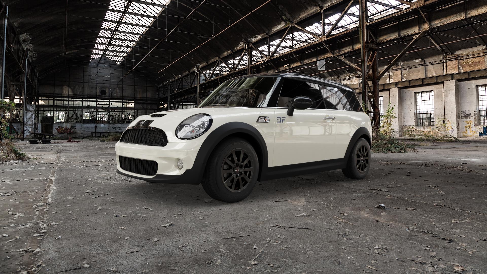 Platin Wheels P 58 matt black Felge mit Reifen schwarz schwarz matt in 15Zoll Winterfelge Alufelge auf weissem Mini R55 Typ UKL-K (Clubman) MINI-N ⬇️ mit 15mm Tieferlegung ⬇️ Old Industrial Hall_max5000mm_2022 Frontansicht_1