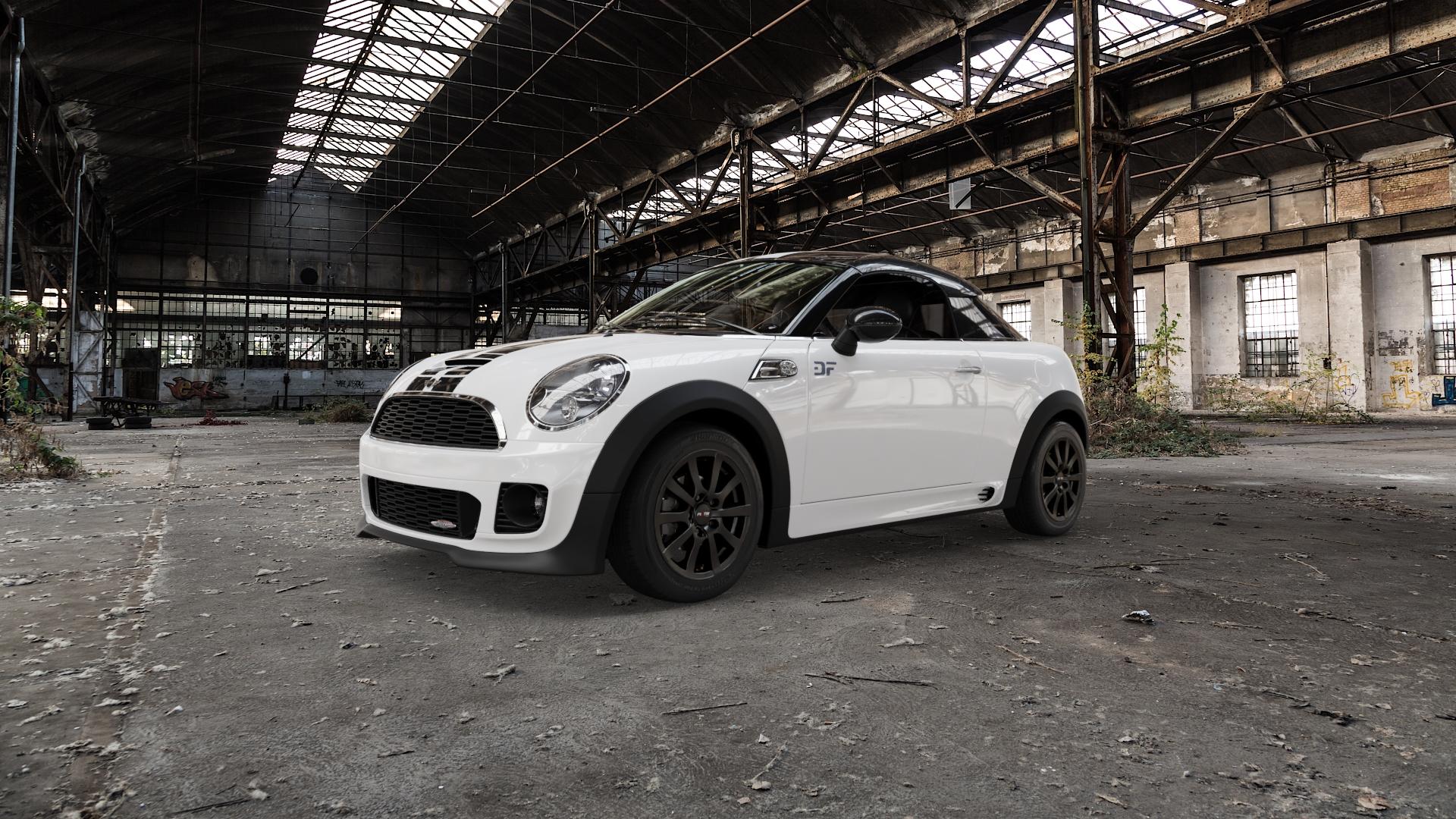 Platin Wheels P 58 matt black Felge mit Reifen schwarz schwarz matt in 15Zoll Winterfelge Alufelge auf weissem Mini R58 Typ UKL-C (Coupe) 1,6l Cooper 90kW (122 PS) S 135kW (184 2,0l SD 105kW (143 JCW 155kW (211 ⬇️ mit 15mm Tieferlegung ⬇️ Old Industrial Hall_max5000mm_2022 Frontansicht_1
