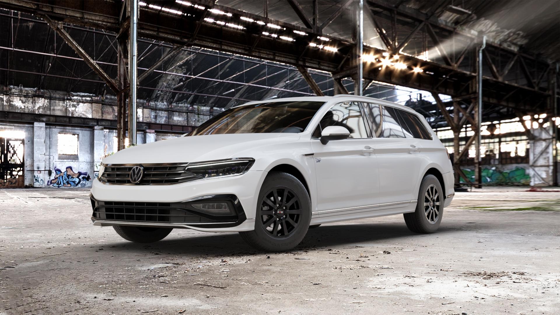 Platin Wheels P 58 matt black Felge mit Reifen schwarz schwarz matt in 15Zoll Winterfelge Alufelge auf weissem Volkswagen (VW) Passat 3C/B8 Variant Facelift ⬇️ mit 15mm Tieferlegung ⬇️ Old Industrial Hall_max_5300mm_2024 Frontansicht_1