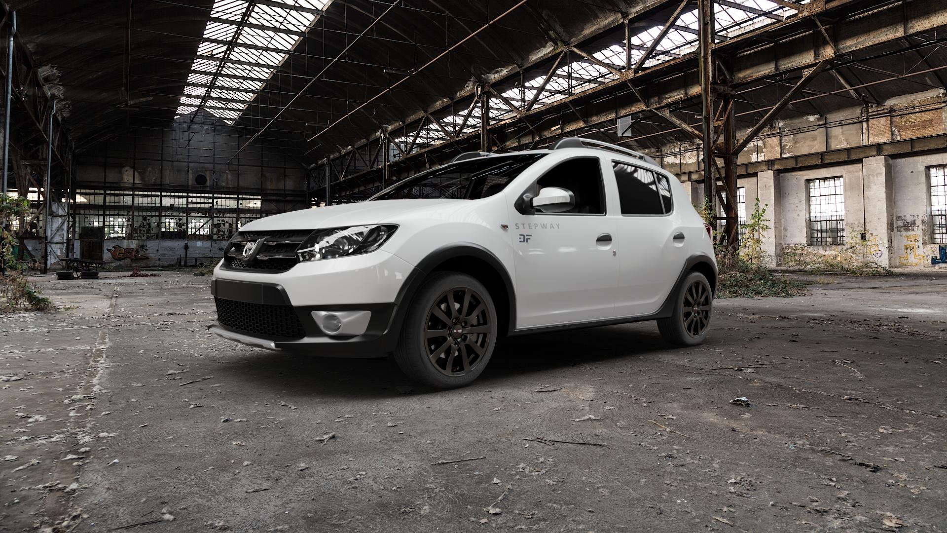 Platin Wheels P 58 matt black Felge mit Reifen schwarz schwarz matt in 16Zoll Winterfelge Alufelge auf weissem Dacia Sandero Stepway II Typ SD ⬇️ mit 15mm Tieferlegung ⬇️ Old Industrial Hall_max5000mm_2022 Frontansicht_1