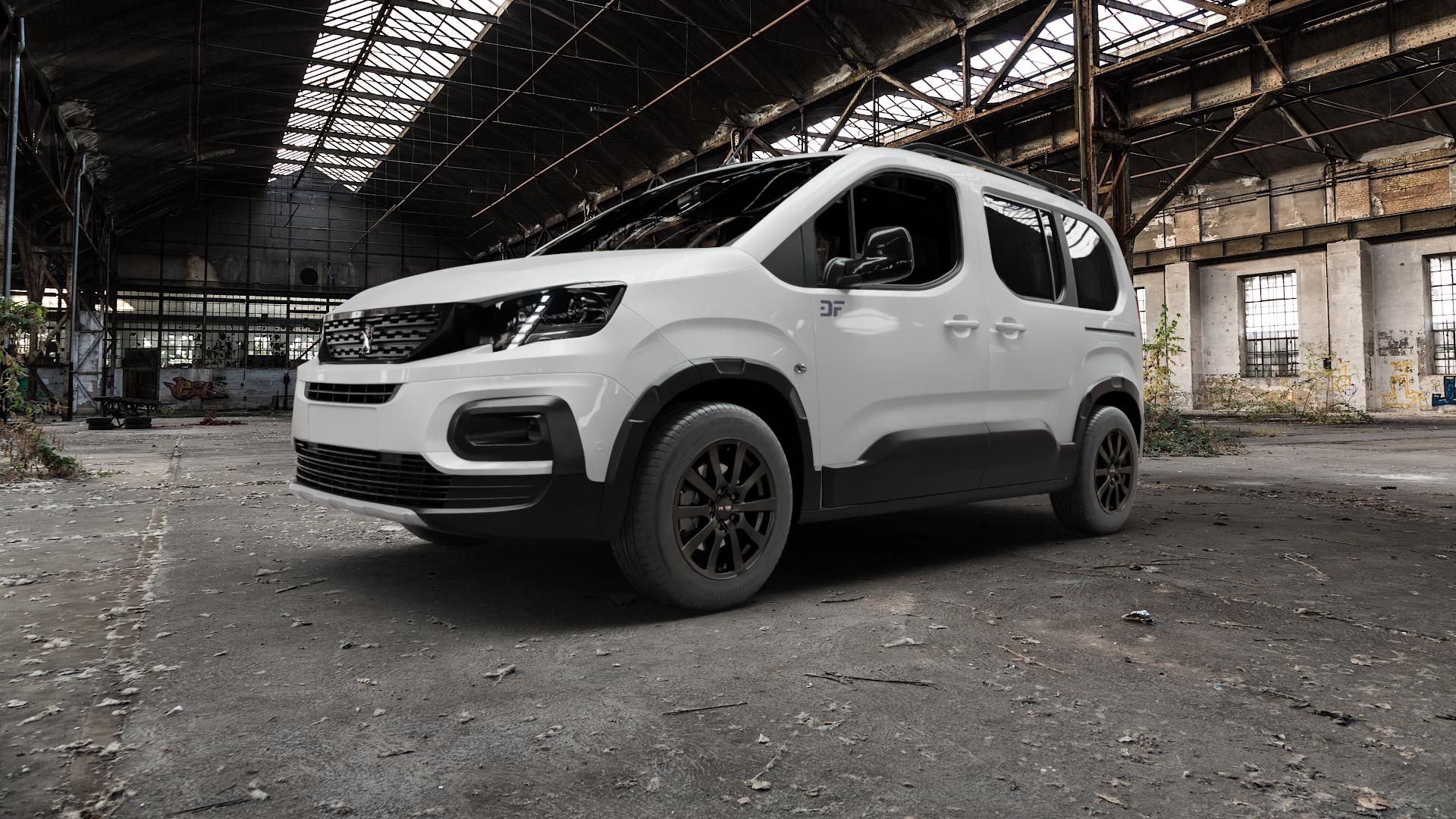 Platin Wheels P 58 matt black Felge mit Reifen schwarz schwarz matt in 16Zoll Winterfelge Alufelge auf weissem Peugeot Rifter Typ E ⬇️ mit 15mm Tieferlegung ⬇️ Old Industrial Hall_max5000mm_2022 Frontansicht_1
