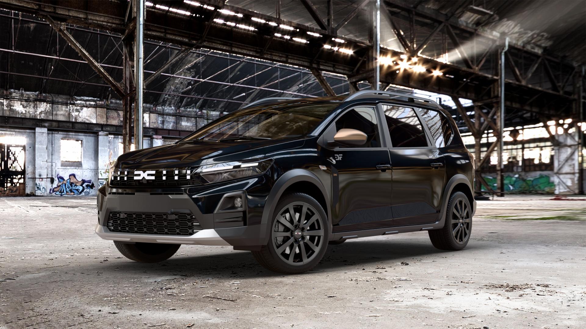 Platin Wheels P 58 matt black Felge mit Reifen schwarz schwarz matt in 17Zoll Winterfelge Alufelge auf schwarzem Dacia Jogger Typ DJF Facelift ⬇️ mit 15mm Tieferlegung ⬇️ Old Industrial Hall_max_5300mm_2024 Frontansicht_1