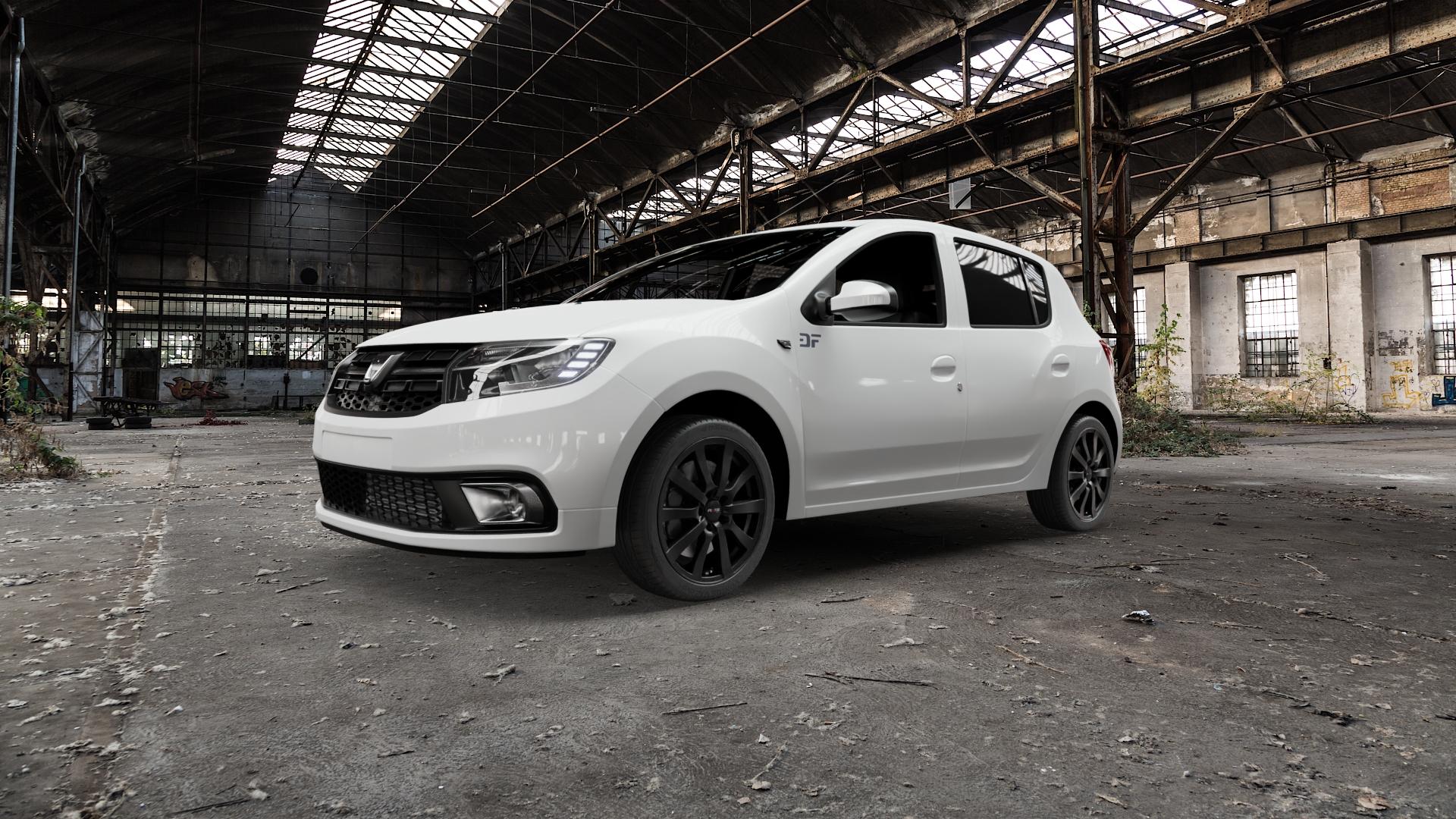 Platin Wheels P 58 matt black Felge mit Reifen schwarz schwarz matt in 17Zoll Winterfelge Alufelge auf weissem Dacia Sandero II Typ SD Facelift ⬇️ mit 15mm Tieferlegung ⬇️ Old Industrial Hall_max5000mm_2022 Frontansicht_1