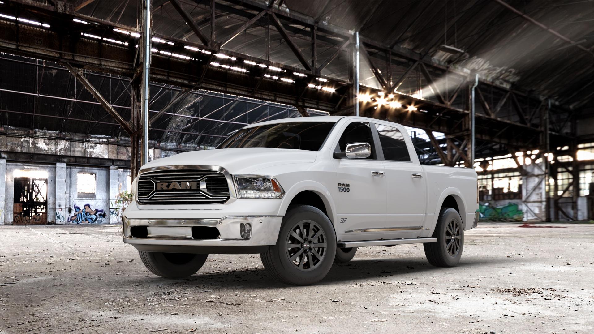 Platin Wheels P 58 matt black Felge mit Reifen schwarz schwarz matt in 17Zoll Winterfelge Alufelge auf weissem Dodge RAM 1500 IV Typ DJ, DS ⬇️ mit 15mm Tieferlegung ⬇️ Old Industrial Hall_max_7000mm_2024 Frontansicht_1