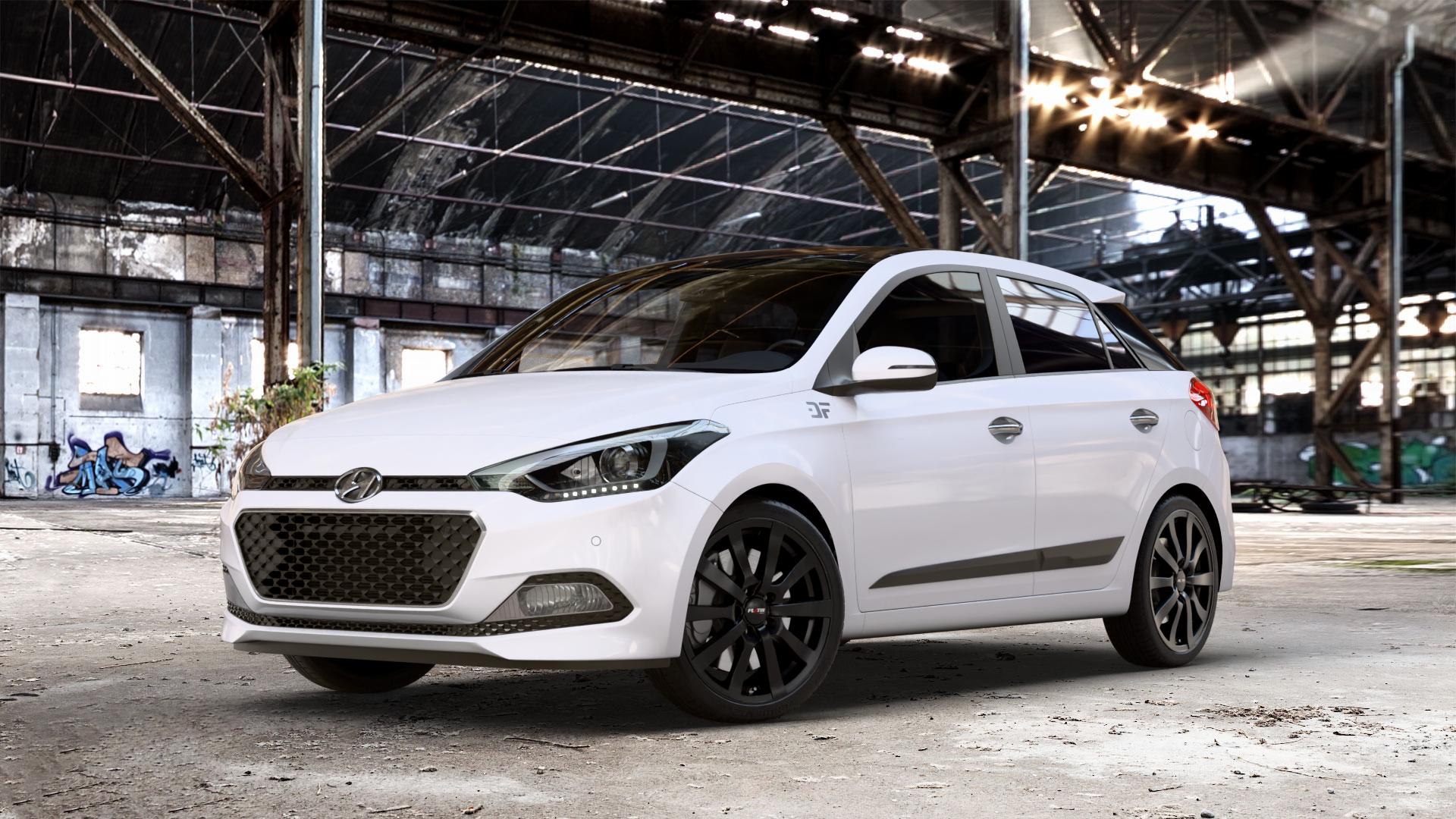 Platin Wheels P 58 matt black Felge mit Reifen schwarz schwarz matt in 17Zoll Winterfelge Alufelge auf weissem Hyundai i20 Typ GB Coupe Facelift ⬇️ mit 15mm Tieferlegung ⬇️ Old Industrial Hall_max_4400mm_2024 Frontansicht_1