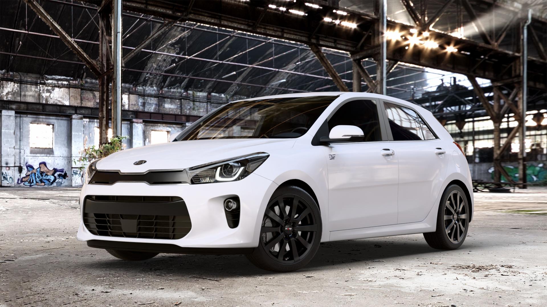 Platin Wheels P 58 matt black Felge mit Reifen schwarz schwarz matt in 17Zoll Winterfelge Alufelge auf weissem Kia Rio IV Typ YB Facelift ⬇️ mit 15mm Tieferlegung ⬇️ Old Industrial Hall_max_4400mm_2024 Frontansicht_1