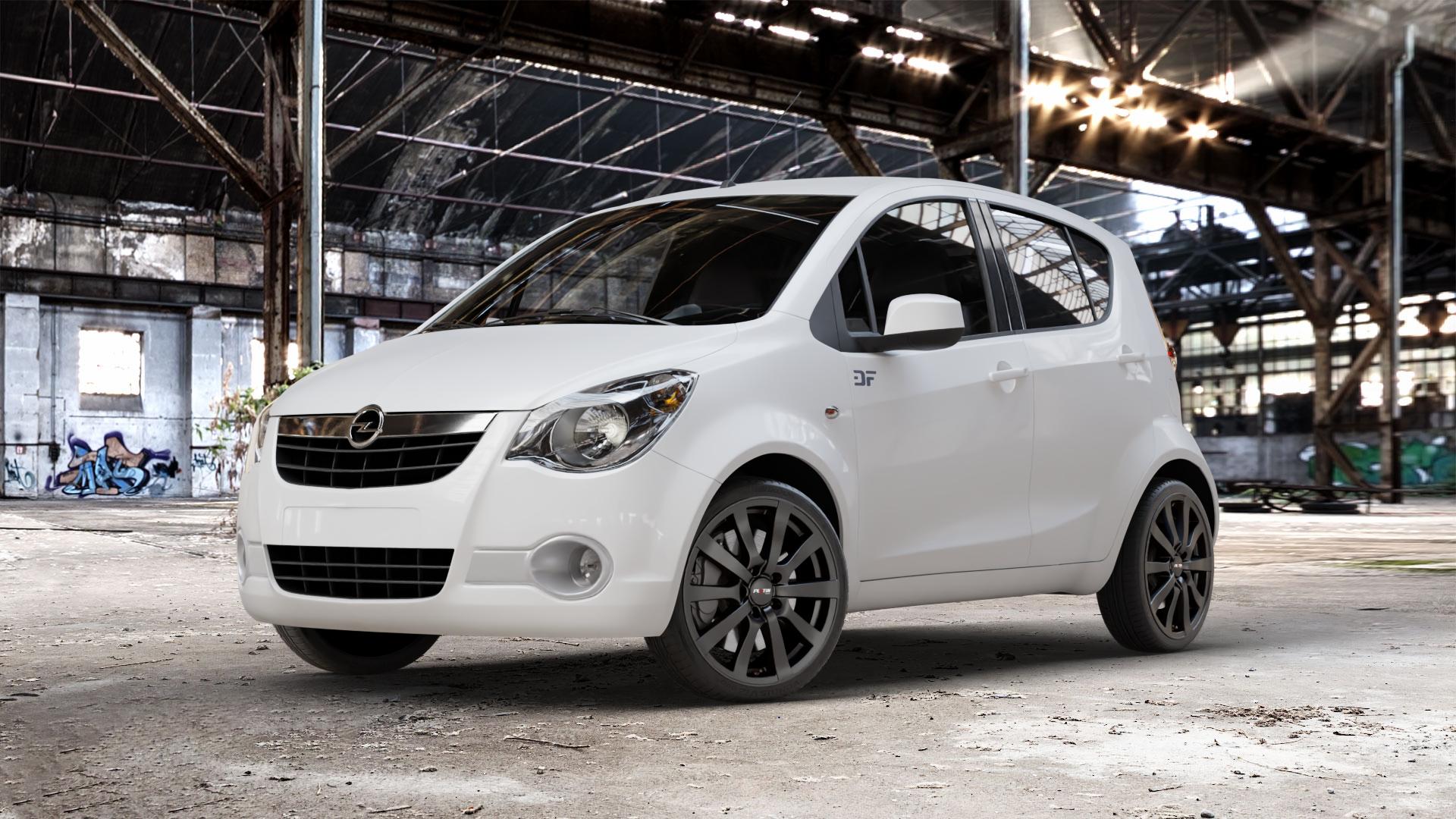 Platin Wheels P 58 matt black Felge mit Reifen schwarz schwarz matt in 17Zoll Winterfelge Alufelge auf weissem Opel Agila Typ H-B ⬇️ mit 15mm Tieferlegung ⬇️ Old Industrial Hall_max_4400mm_2024 Frontansicht_1
