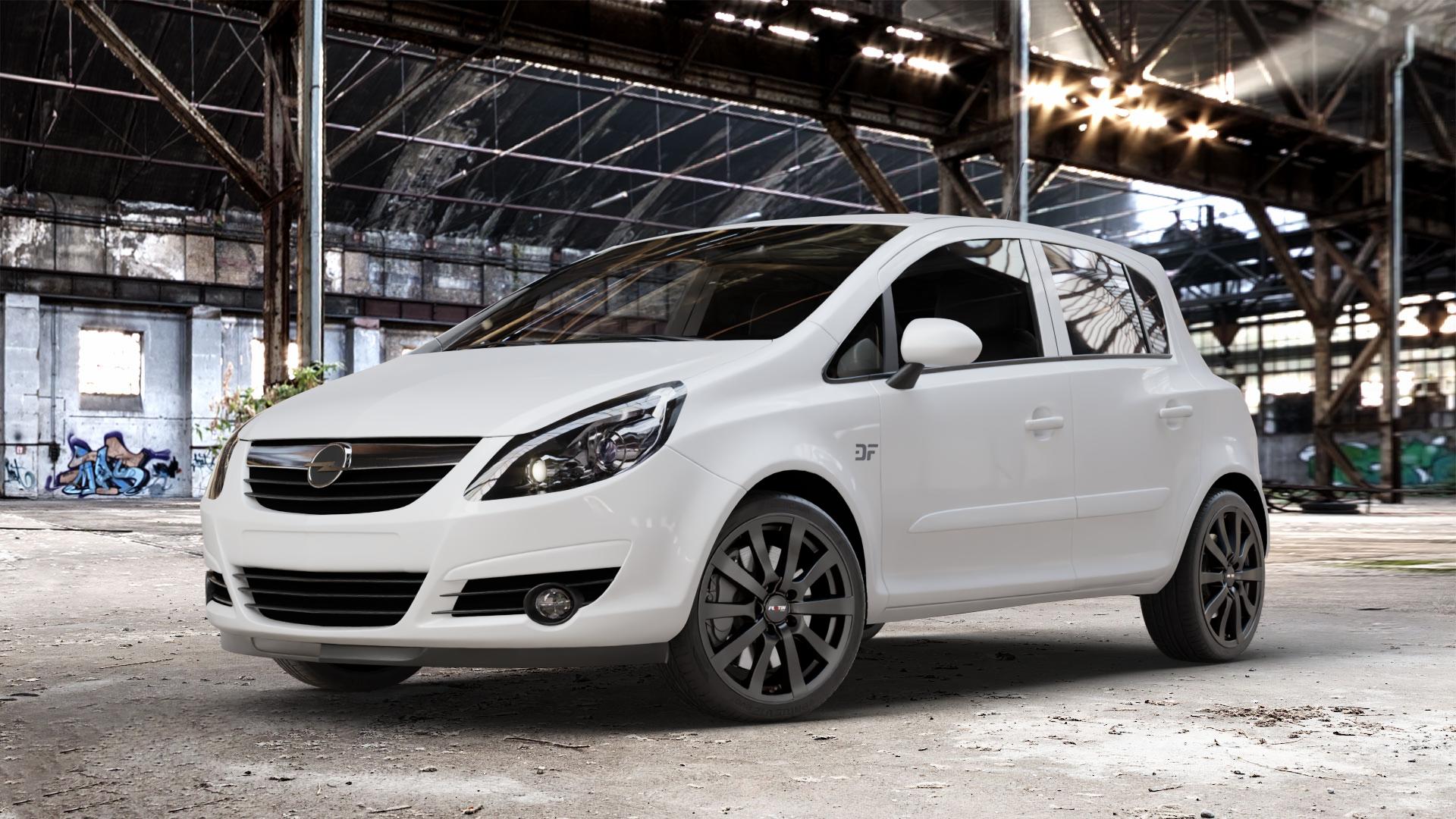 Platin Wheels P 58 matt black Felge mit Reifen schwarz schwarz matt in 17Zoll Winterfelge Alufelge auf weissem Opel Corsa D Typ S-D ⬇️ mit 15mm Tieferlegung ⬇️ Old Industrial Hall_max_4400mm_2024 Frontansicht_1