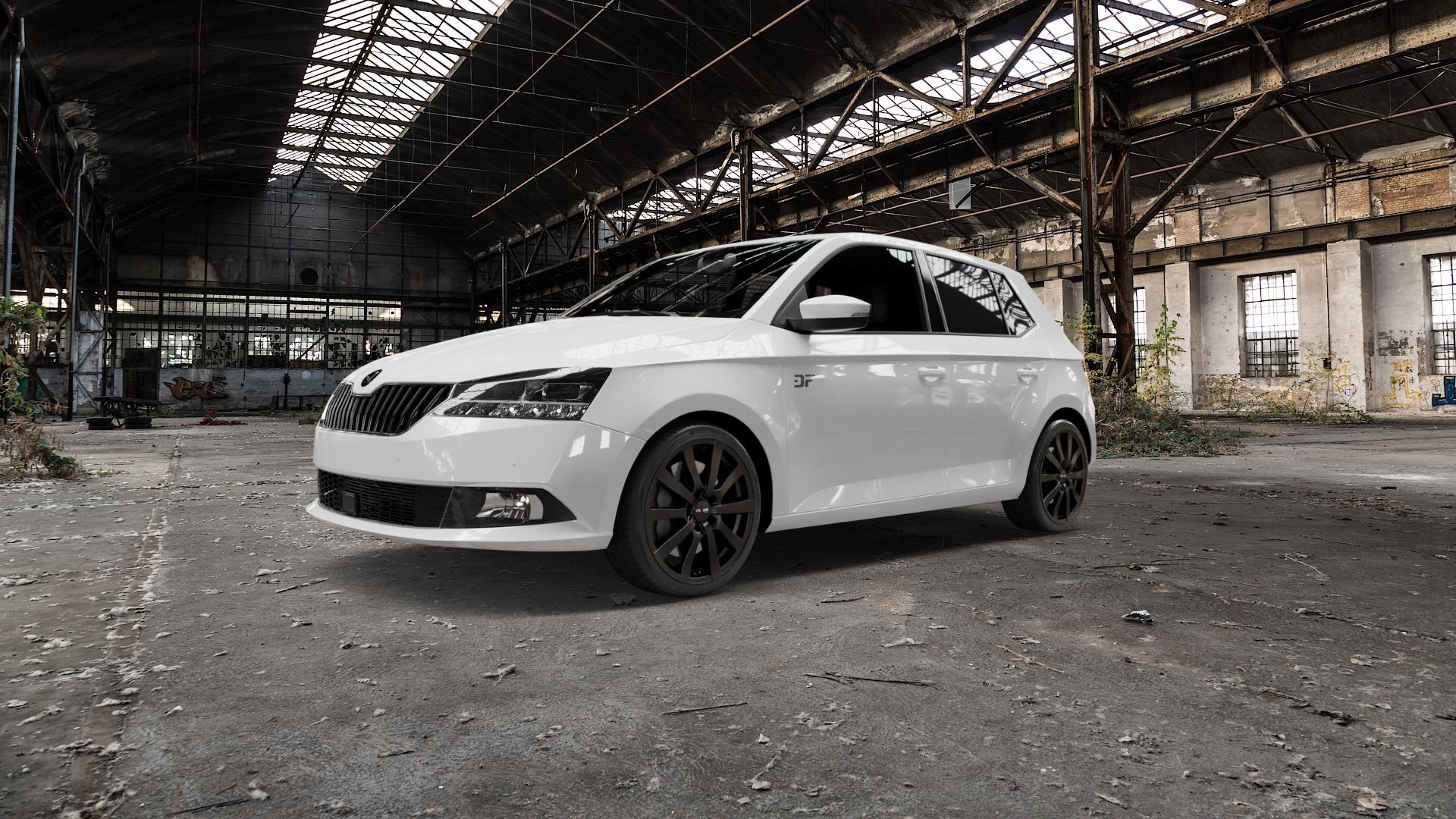 Platin Wheels P 58 matt black Felge mit Reifen schwarz schwarz matt in 17Zoll Winterfelge Alufelge auf weissem Skoda Fabia III Typ 5J Facelift ⬇️ mit 15mm Tieferlegung ⬇️ Old Industrial Hall_max5000mm_2022 Frontansicht_1