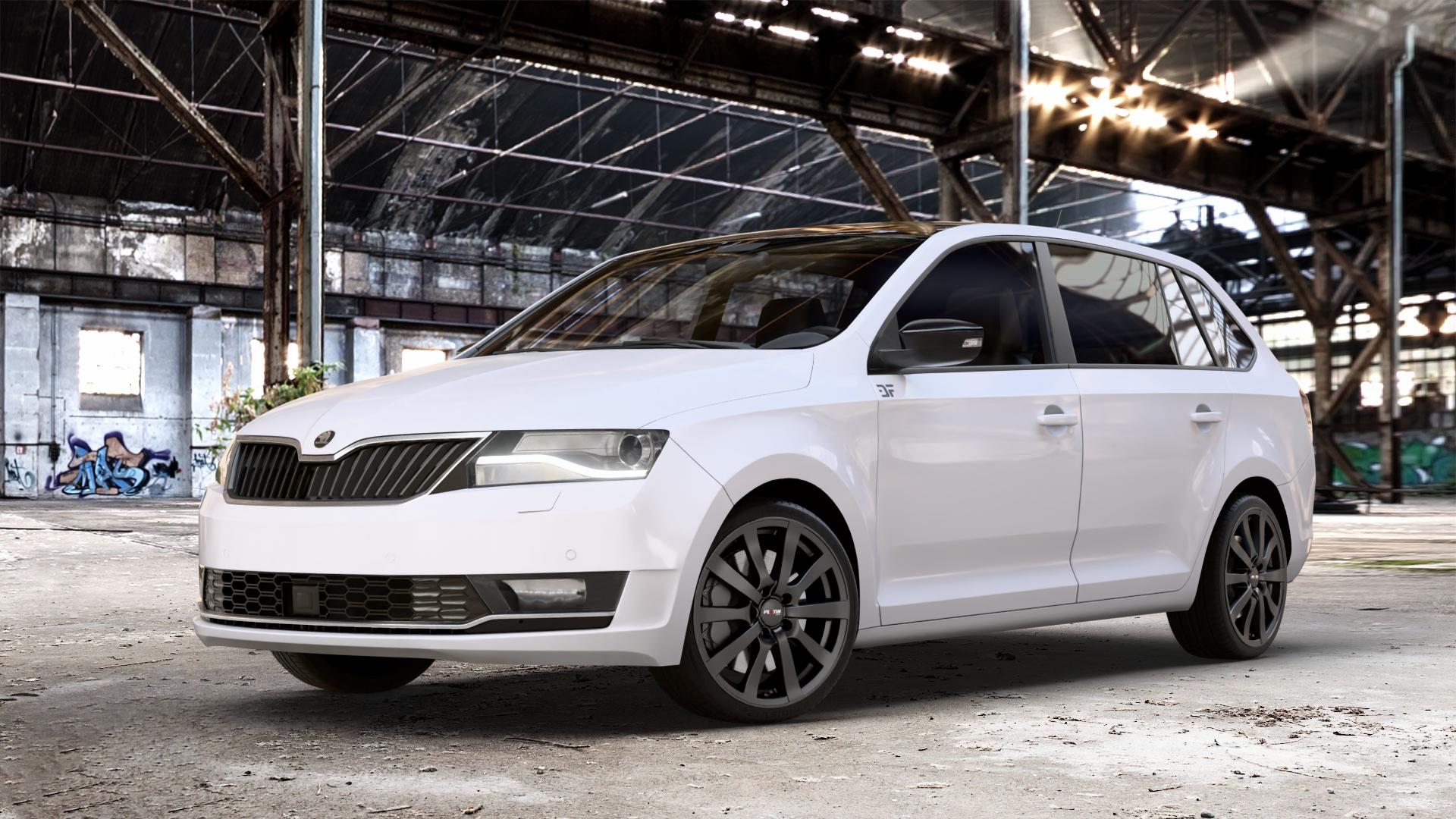 Platin Wheels P 58 matt black Felge mit Reifen schwarz schwarz matt in 17Zoll Winterfelge Alufelge auf weissem Skoda Rapid Spaceback Typ NH Facelift ⬇️ mit 15mm Tieferlegung ⬇️ Old Industrial Hall_max_4400mm_2024 Frontansicht_1