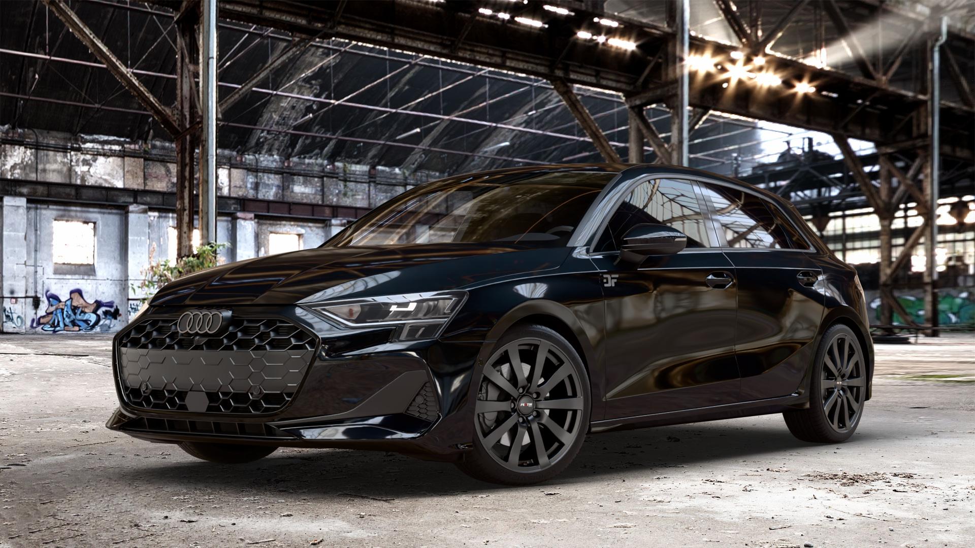Platin Wheels P 58 matt black Felge mit Reifen schwarz schwarz matt in 18Zoll Winterfelge Alufelge auf metallic schwarzem Audi A3 Typ GY (Sportback) Facelift 2,0l 30 TDI 85kW (116 PS) 1,5l TFSI Mild-Hybrid 35 110kW (150 PHEV 200 130kW Hybrid (177 150 ⬇️ mit 15mm Tieferlegung ⬇️ Old Industrial Hall_max_4400mm_2024 Frontansicht_1