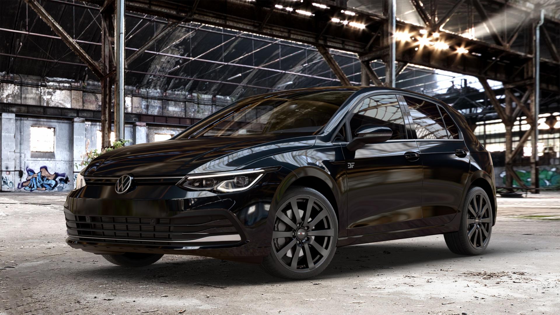 Platin Wheels P 58 matt black Felge mit Reifen schwarz schwarz matt in 18Zoll Winterfelge Alufelge auf metallic schwarzem Volkswagen (VW) Golf 8 1,5l TSI 96kW (131 PS) 110kW (150 2,0l TDI 85kW (116 Mild-Hybrid 1,0l 81kW (110 66kW (90 1,4l Hybrid TGI 4Motion 140kW (190 ⬇️ mit 15mm Tieferlegung ⬇️ Old Industrial Hall_max_4400mm_2024 Frontansicht_1