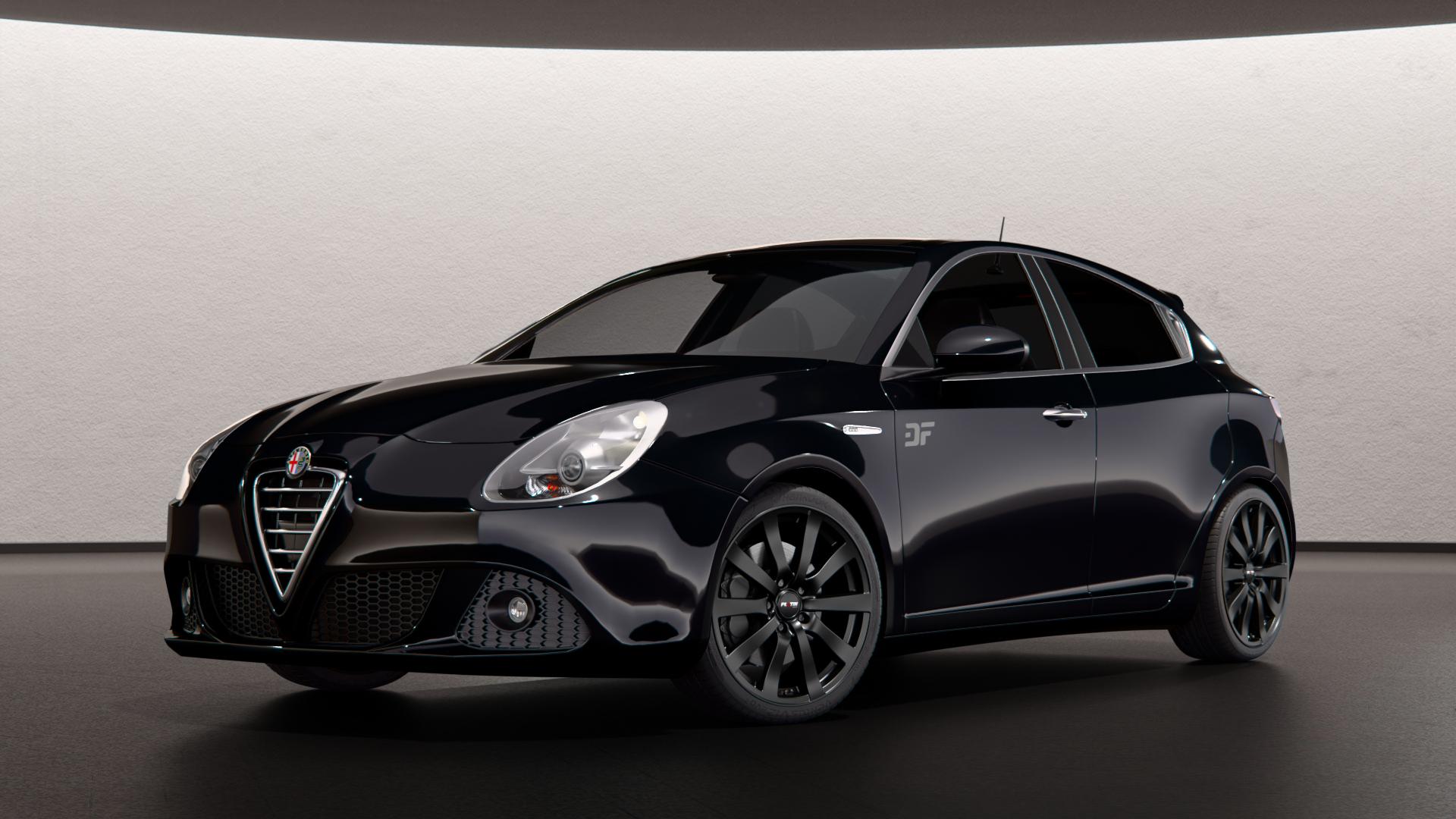 Platin Wheels P 58 matt black Felge mit Reifen schwarz schwarz matt in 18Zoll Winterfelge Alufelge auf schwarzem metallic Alfa Romeo Giulietta Typ 940 ⬇️ mit 15mm Tieferlegung ⬇️ Neutral Scene Mark III 2026_max 4400mm Frontansicht_1