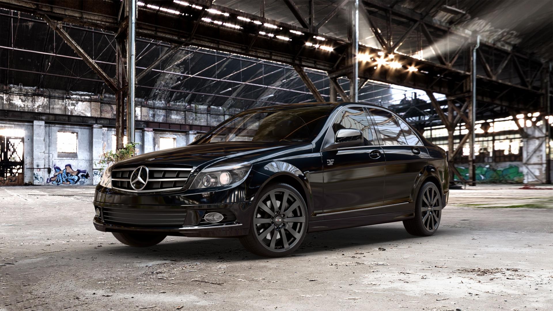 Platin Wheels P 58 matt black Felge mit Reifen schwarz schwarz matt in 18Zoll Winterfelge Alufelge auf schwarzem metallic Mercedes C-Klasse Typ W204 Limousine ⬇️ mit 15mm Tieferlegung ⬇️ Old Industrial Hall_max_5300mm_2024 Frontansicht_1