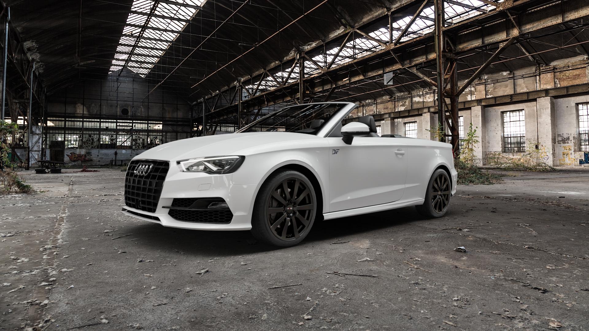 Platin Wheels P 58 matt black Felge mit Reifen schwarz schwarz matt in 18Zoll Winterfelge Alufelge auf weissem Audi A3 Typ 8V (Cabriolet) ⬇️ mit 15mm Tieferlegung ⬇️ Old Industrial Hall_max5000mm_2022 Frontansicht_1