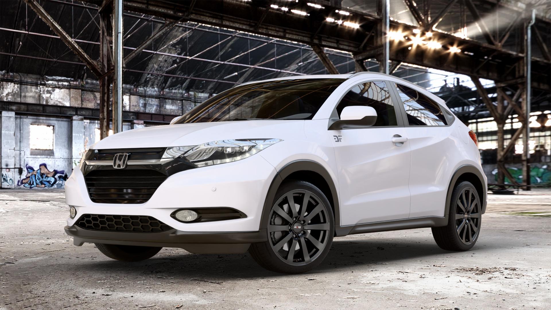 Platin Wheels P 58 matt black Felge mit Reifen schwarz schwarz matt in 18Zoll Winterfelge Alufelge auf weissem Honda HR-V II (RU) ⬇️ mit 15mm Tieferlegung ⬇️ Old Industrial Hall_max_4400mm_2024 Frontansicht_1