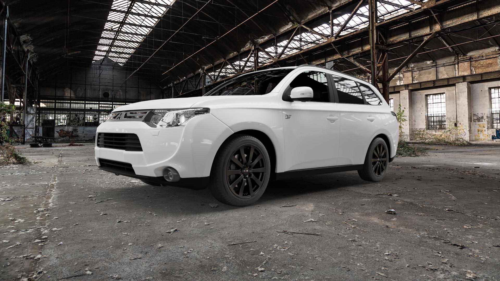 Platin Wheels P 58 matt black Felge mit Reifen schwarz schwarz matt in 18Zoll Winterfelge Alufelge auf weissem Mitsubishi Outlander III Typ CWO Facelift 15-> 18-> ⬇️ mit 15mm Tieferlegung ⬇️ Old Industrial Hall_max5000mm_2022 Frontansicht_1