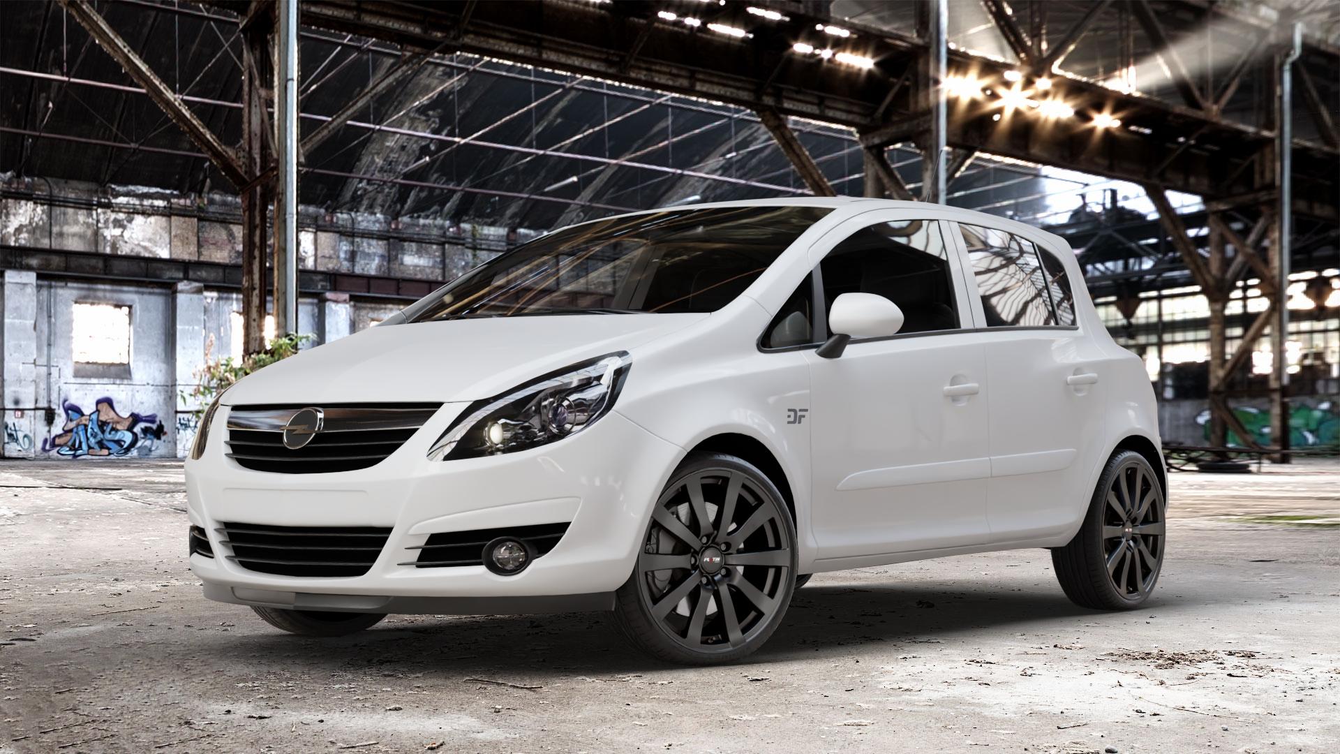 Platin Wheels P 58 matt black Felge mit Reifen schwarz schwarz matt in 18Zoll Winterfelge Alufelge auf weissem Opel Corsa D Typ S-D ⬇️ mit 15mm Tieferlegung ⬇️ Old Industrial Hall_max_4400mm_2024 Frontansicht_1