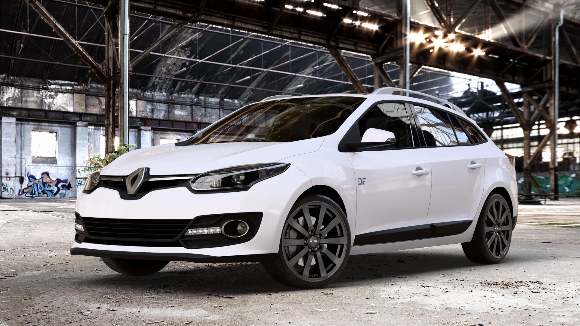 Platin Wheels P 58 matt black Felge mit Reifen schwarz schwarz matt in 18Zoll Winterfelge Alufelge auf weissem Renault Megane III Grandtour Typ Z ⬇️ mit 15mm Tieferlegung ⬇️ Old Industrial Hall_max_4400mm_2024 Frontansicht_1