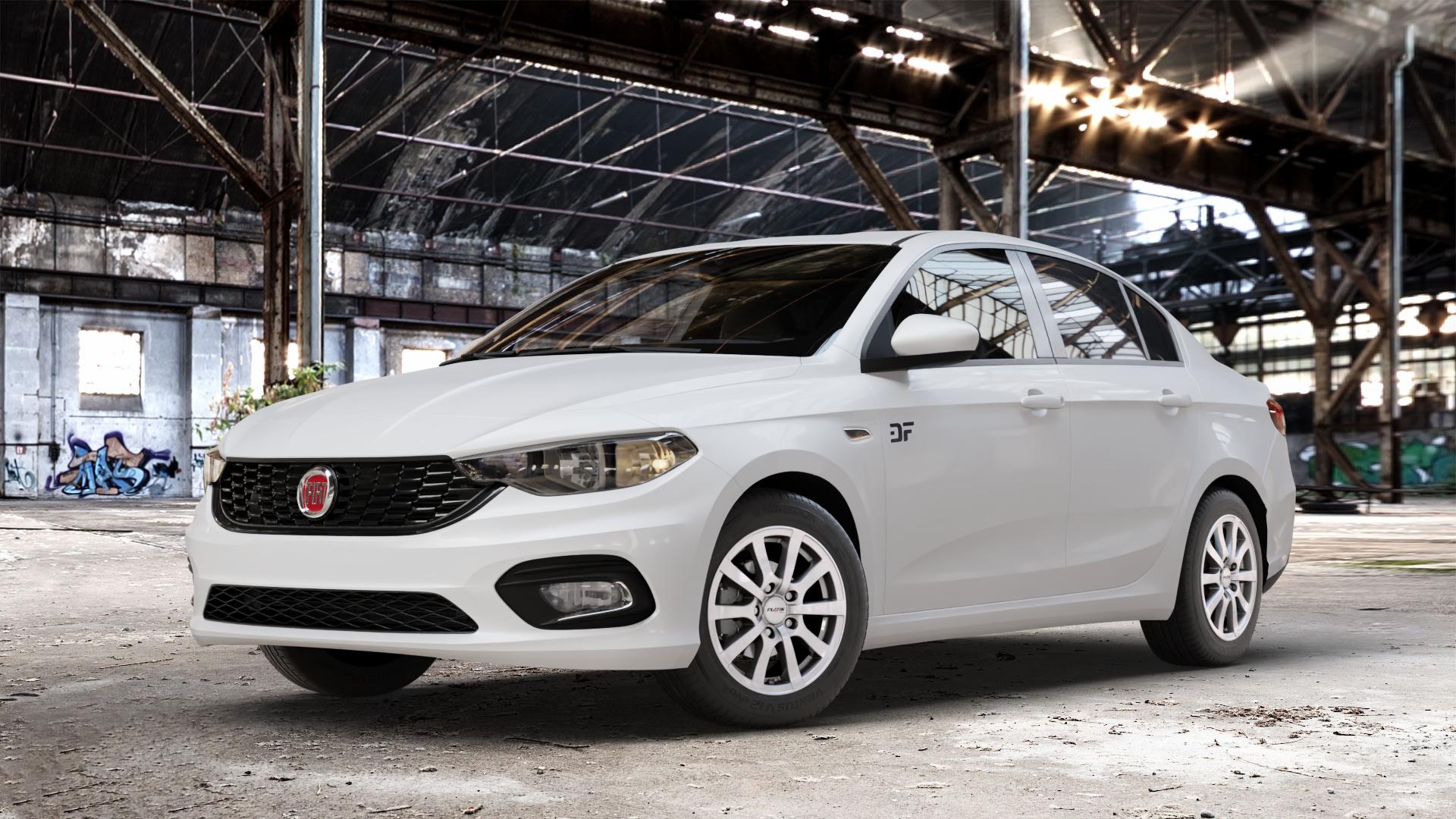 Platin Wheels P 58 silber Felge mit Reifen in 15Zoll Winterfelge Alufelge auf weissem Fiat Tipo II Limousine Typ 356 ⬇️ mit 15mm Tieferlegung ⬇️ Old Industrial Hall_max_4400mm_2024 Frontansicht_1