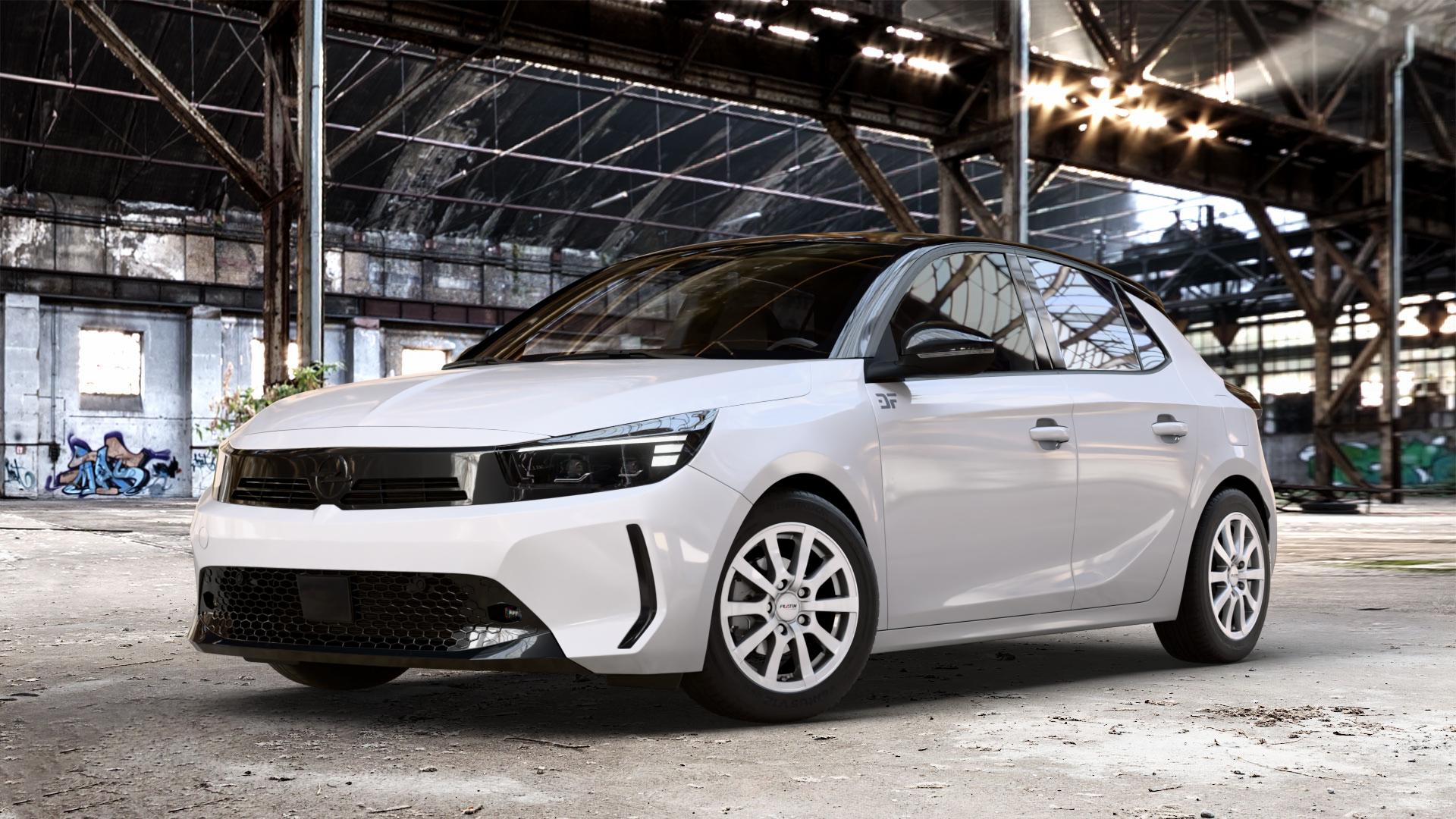 Platin Wheels P 58 silber Felge mit Reifen in 15Zoll Winterfelge Alufelge auf weissem Opel Corsa F Typ U Facelift 0,0l 57kW Corsa-e (77 PS) 62kW (84 1,2l Turbo 74kW Mild-Hybrid (101 100kW (136 ⬇️ mit 15mm Tieferlegung ⬇️ Old Industrial Hall_max_4400mm_2024 Frontansicht_1