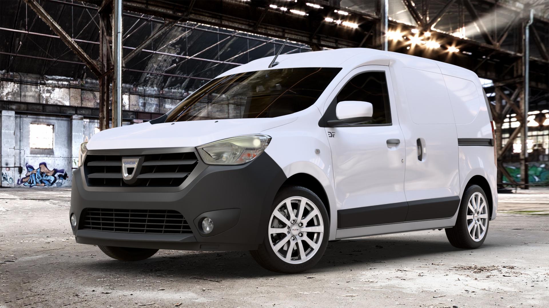 Platin Wheels P 58 silber Felge mit Reifen in 16Zoll Winterfelge Alufelge auf weissem Dacia Dokker Express Typ SD 1,2l 16V 84kW (114 PS) 1,5l dCi 55kW (75 66kW (90 1,6l MPI 61kW (83 LPG ⬇️ mit 15mm Tieferlegung ⬇️ Old Industrial Hall_max_4400mm_2024 Frontansicht_1