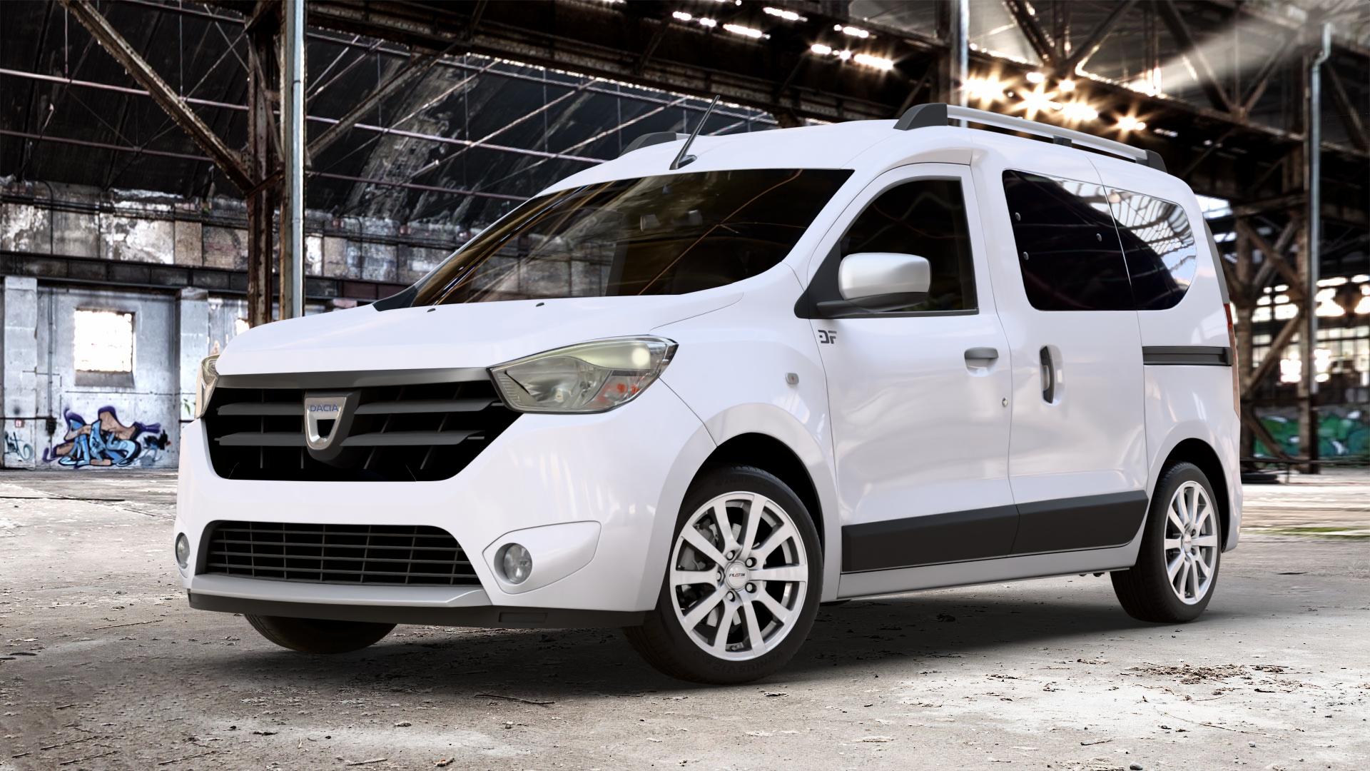 Platin Wheels P 58 silber Felge mit Reifen in 16Zoll Winterfelge Alufelge auf weissem Dacia Dokker Stepway Typ SD 1,5l dCi 66kW (90 PS) 1,2l TCe 85kW (116 55kW (75 1,6l SCe 75kW (102 Facelift ⬇️ mit 15mm Tieferlegung ⬇️ Old Industrial Hall_max_4400mm_2024 Frontansicht_1