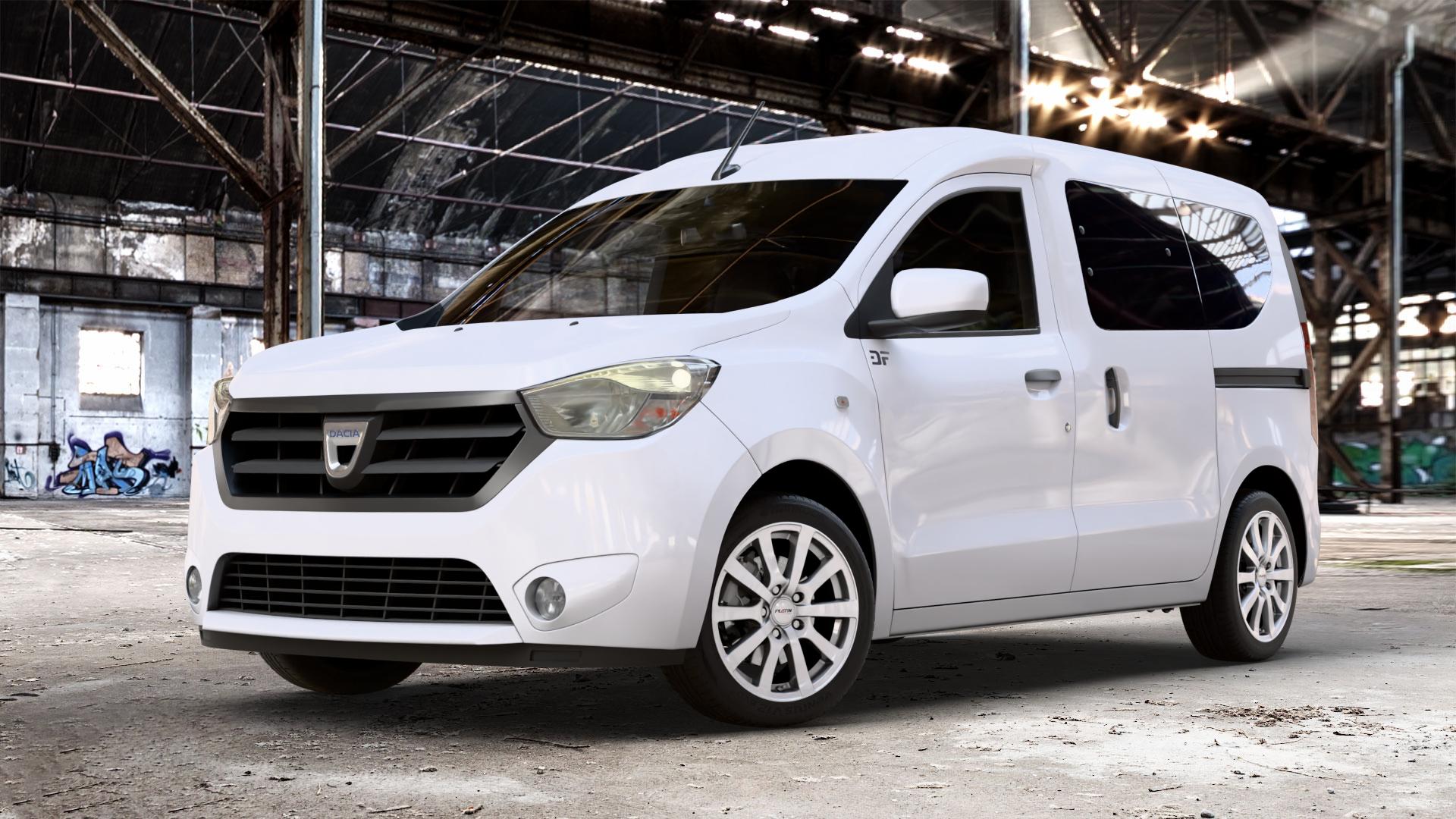 Platin Wheels P 58 silber Felge mit Reifen in 16Zoll Winterfelge Alufelge auf weissem Dacia Dokker Typ SD 1,2l 16V 115 85kW (116 PS) 1,5l dCi 75 55kW (75 90 66kW (90 1,6l MPI 85 61kW (83 LPG Facelift ⬇️ mit 15mm Tieferlegung ⬇️ Old Industrial Hall_max_4400mm_2024 Frontansicht_1