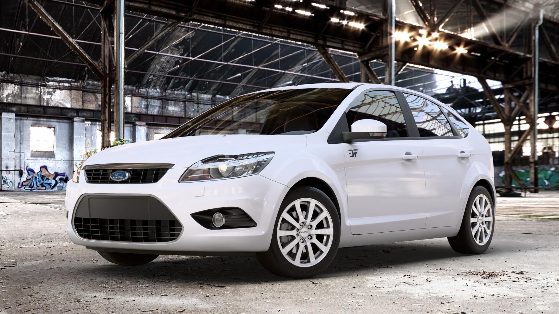 Platin Wheels P 58 silber Felge mit Reifen in 16Zoll Winterfelge Alufelge auf weissem Ford Focus II Typ DA3 (Schrägheck) ⬇️ mit 15mm Tieferlegung ⬇️ Old Industrial Hall_max_4400mm_2024 Frontansicht_1