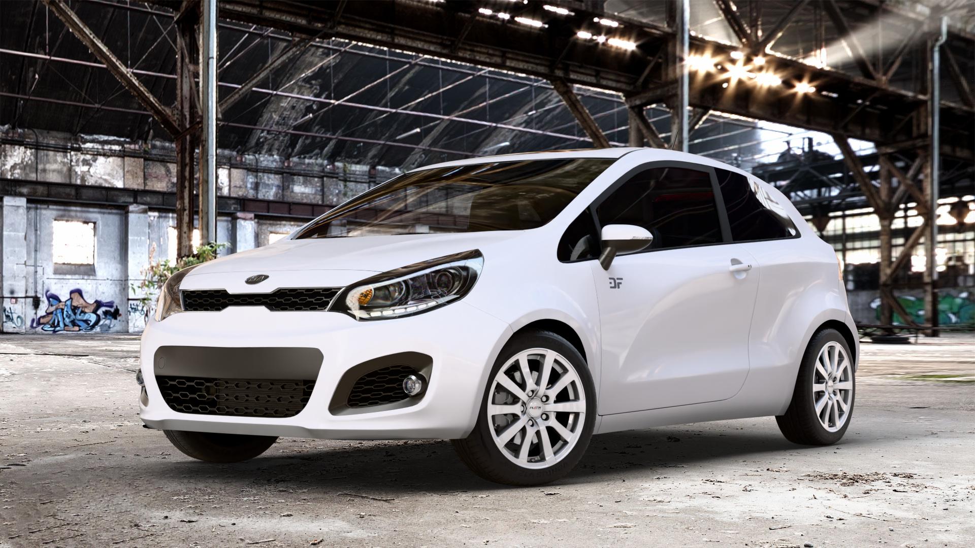 Platin Wheels P 58 silber Felge mit Reifen in 16Zoll Winterfelge Alufelge auf weissem Kia Rio III Typ UB ⬇️ mit 15mm Tieferlegung ⬇️ Old Industrial Hall_max_4400mm_2024 Frontansicht_1